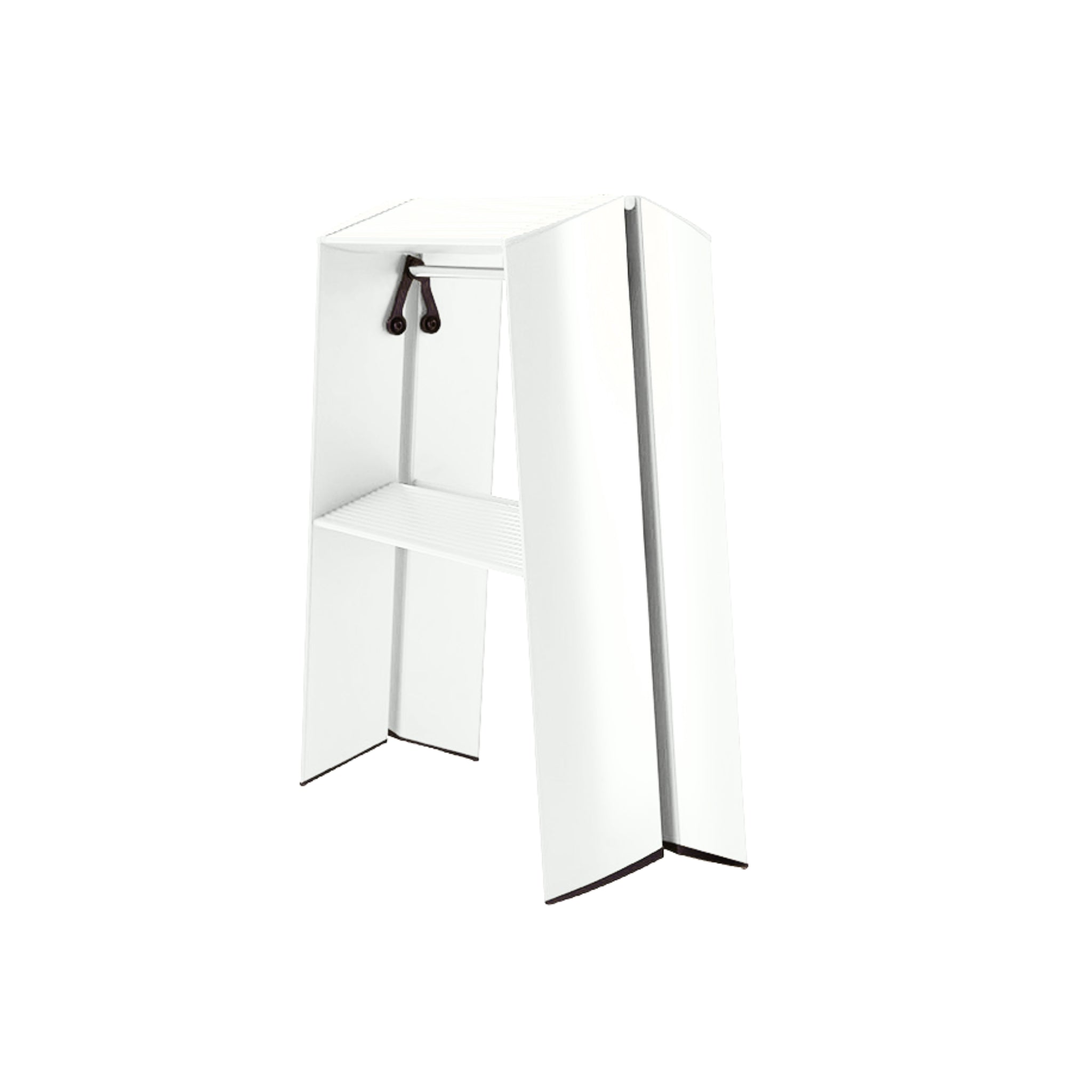 De Hasegawa Lucano Ladder 2 Step Wit Breed van Hasegawa, een modern minimalistisch wit opvouwbaar opstapkrukje met zwarte randen en een handvat, staat rechtop tegen een effen witte achtergrond.
