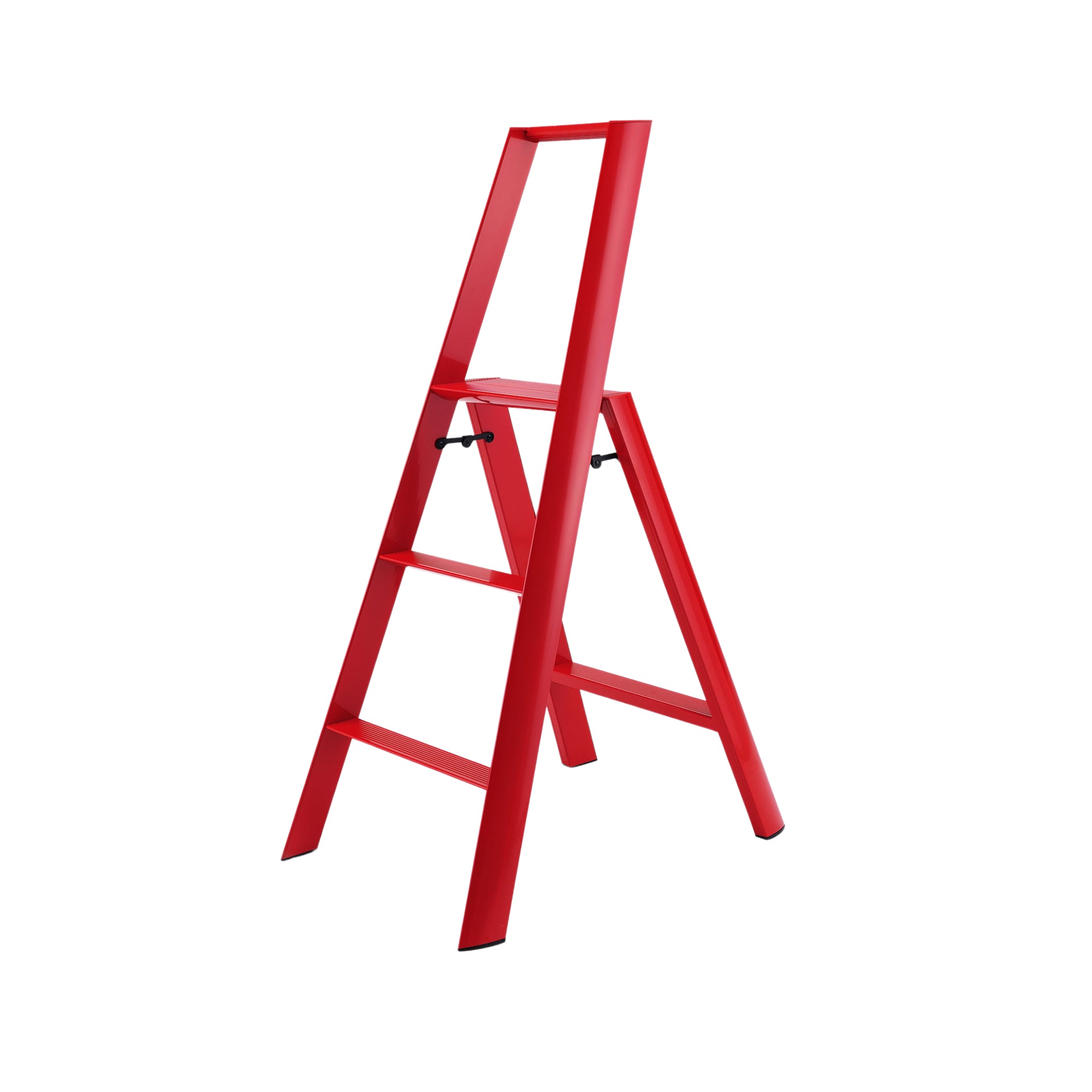 De Hasegawa Lucano Ladder 3 Step Rood van Hasegawa is een rode, minimalistische aluminium ladder geïnspireerd op Japans design, afgebeeld op een witte achtergrond.