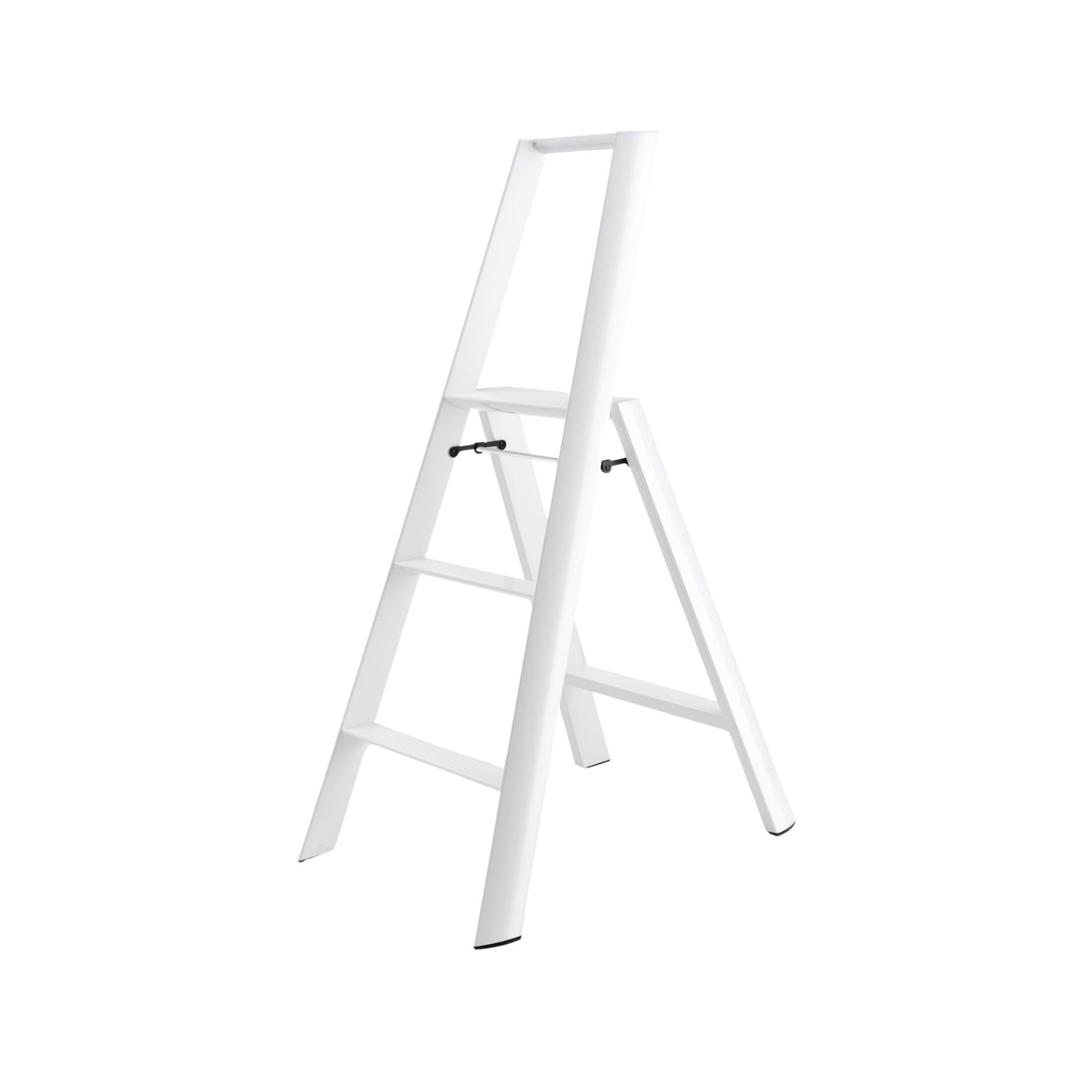 De Hasegawa Lucano Ladder 3 Step Wit van Hasegawa, een witte aluminium ladder met een minimalistisch Japans geïnspireerd ontwerp, wordt getoond op een witte achtergrond.