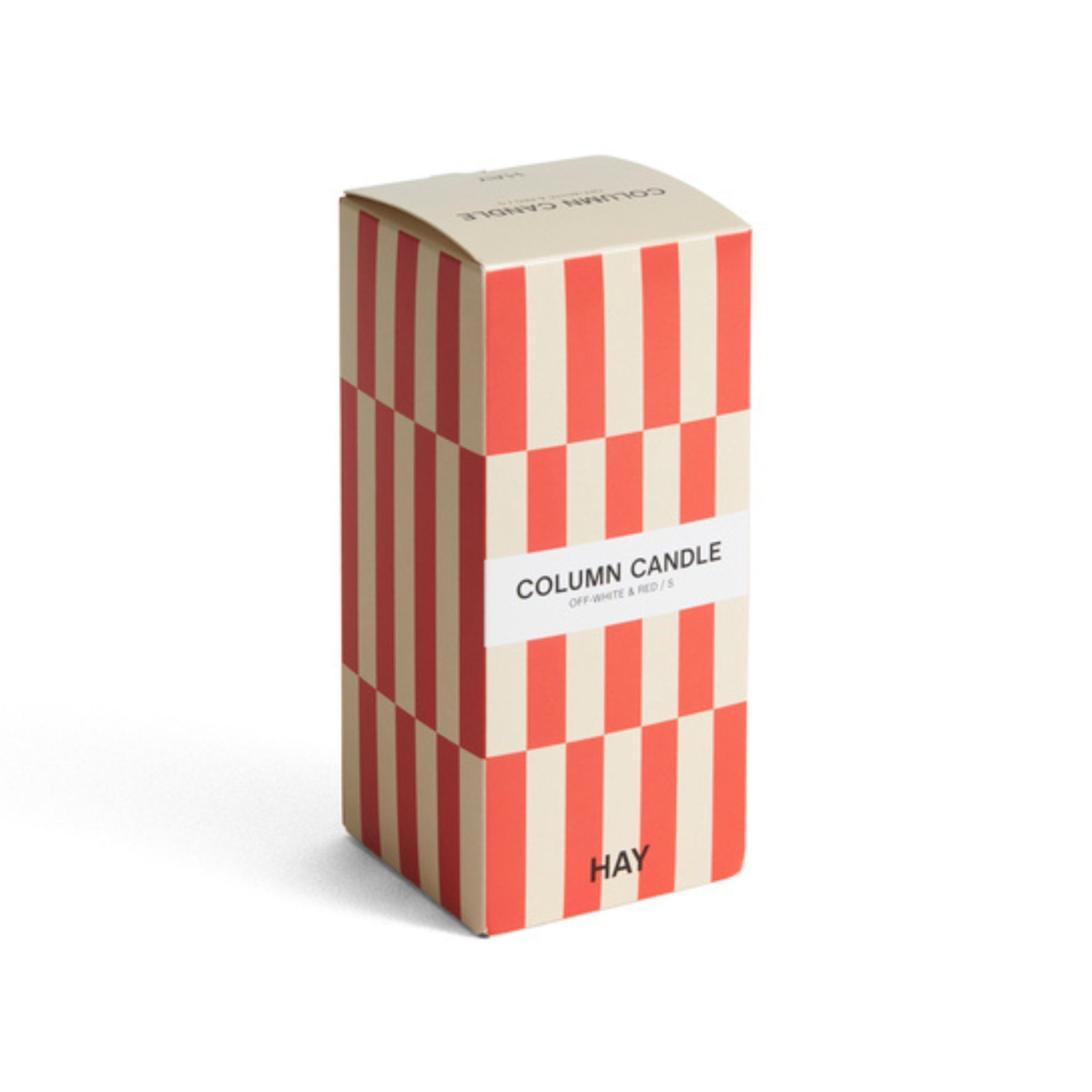 Een rechthoekige doos met verticale lichtblauwe ruitstrepen. Op het etiket staat "COLUMN KAARS" en "LICHTBLAUW CHECK H25". Perfect als decoratieve kaars, de merknaam "Hay" is aan de onderkant gedrukt.