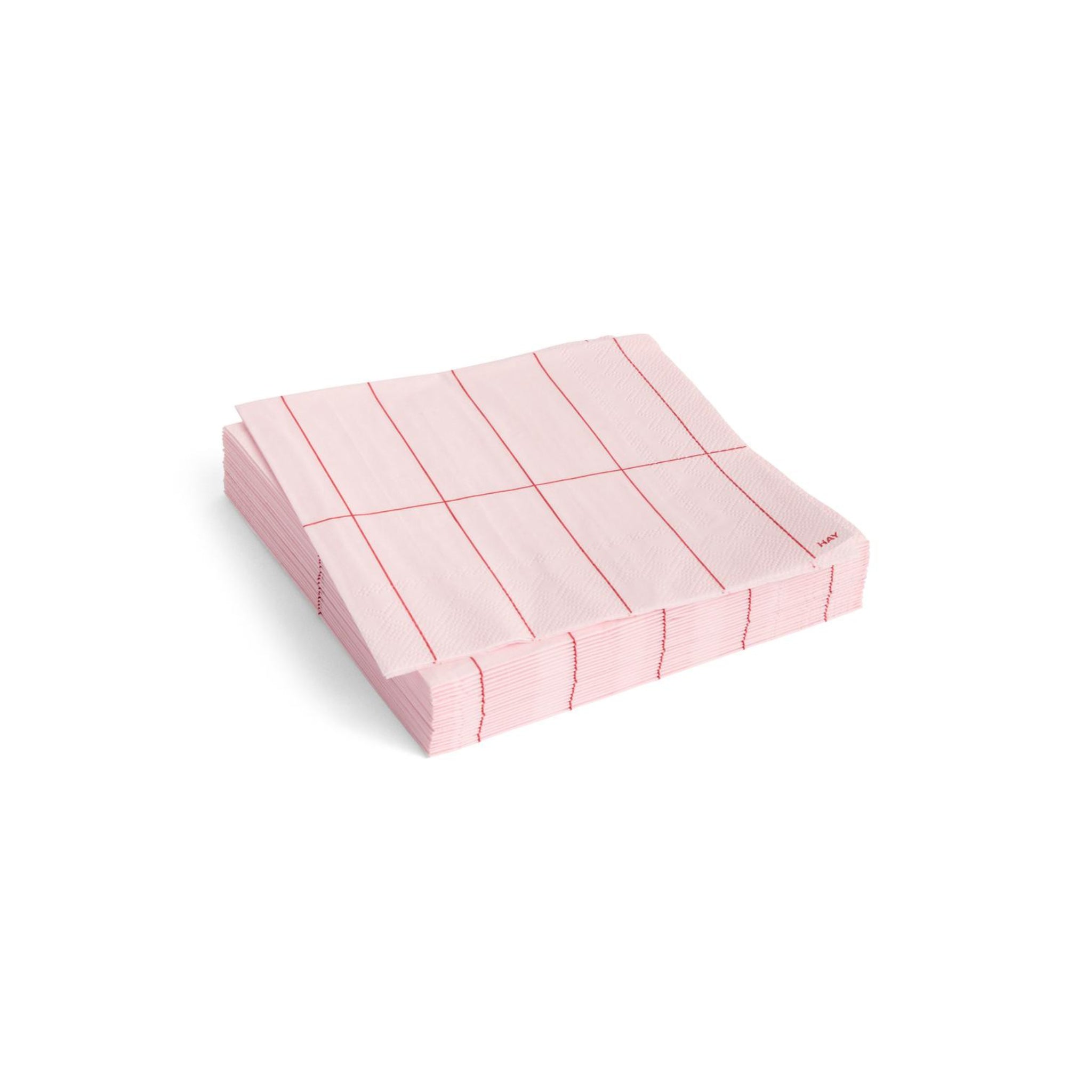 Een stapel Hay Pattern Papieren Servetten Lichtroze Rood Grid 33/33 van Hay, netjes gerangschikt op een witte achtergrond.