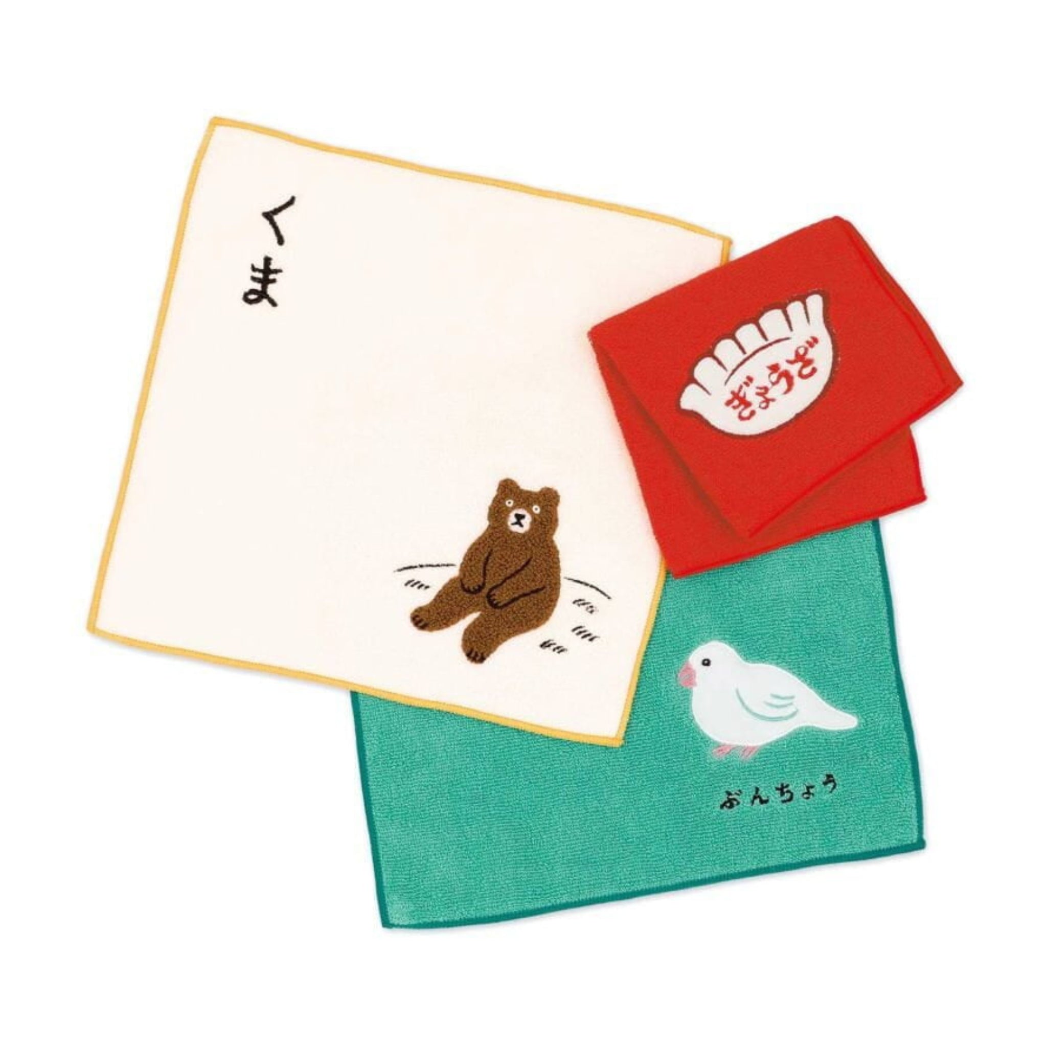 De Hightide New Retro Handdoek Groen 25/25 is een groene handdoek van het Japanse merk Hightide, met een witte vogelillustratie en Japanse tekst.