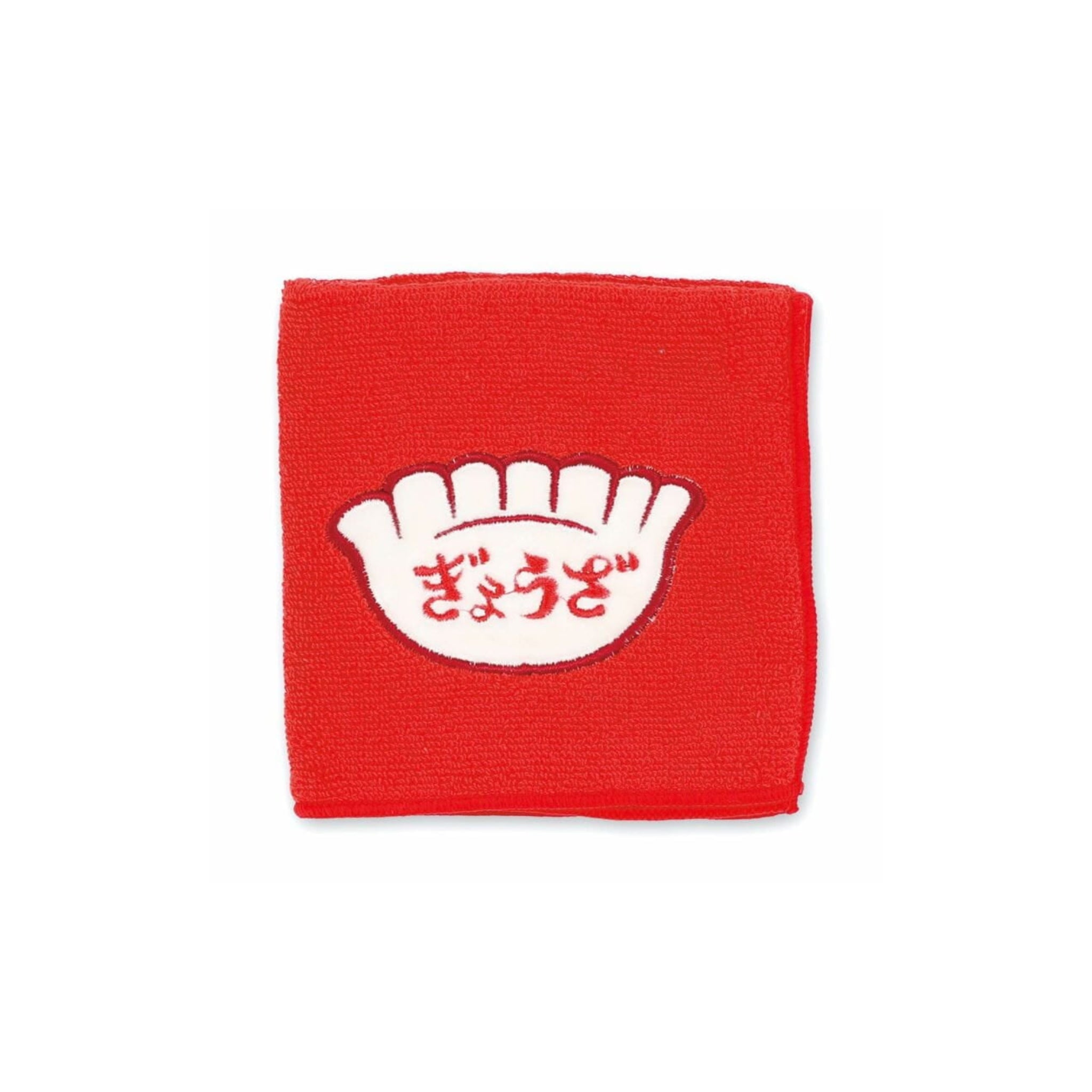 De Hightide New Retro Handdoek Rood 25/25 is een rode vierkante doek van Hightide, met een wit geborduurde knoedel met zwarte omlijning en rode Japanse tekst - perfect als decoratieve handdoek of stijlvolle accessoire.