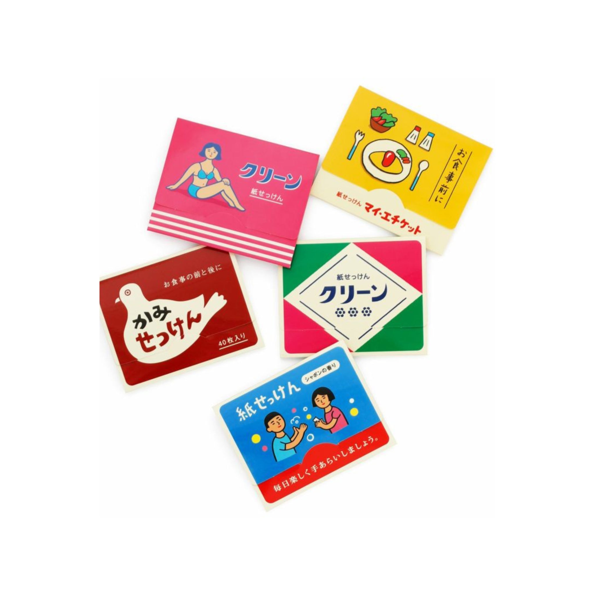 Vijf levendige Hightide Papier Zeep Rood zeepverpakkingen, met speelse ontwerpen en Japanse tekst, zijn gerangschikt op een witte achtergrond. Op elke verpakking van Hightide staan kleurrijke illustraties van mensen, eten en zeepbellen.