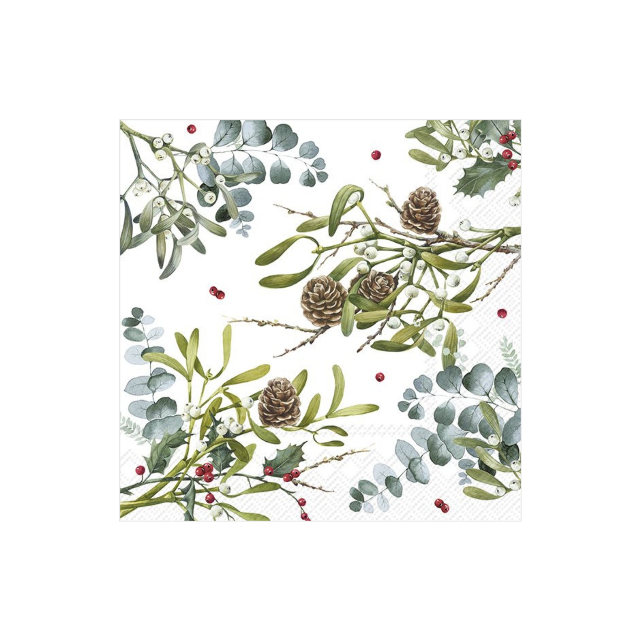 De Ihr Papieren Servetten Takken Allover 33/33 van Ihr bevat dennenappels, eucalyptus, maretak en rode bessen op wit milieuvriendelijk 3-laags papier voor een feestelijk, natuurlijk tintje.