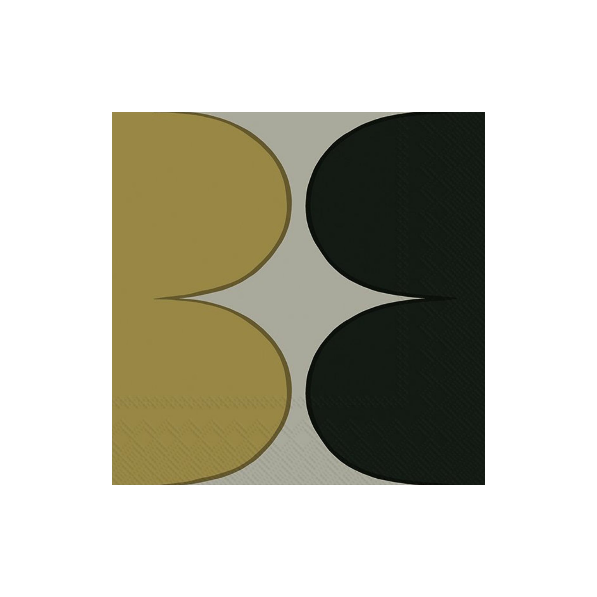 De Ihr Papieren Servetten Marimekko Härkä 33/33 van Ihr heeft een minimalistisch abstract ontwerp met twee gouden halve cirkels aan de linkerkant en twee zwarte halve cirkels aan de rechterkant, geïnspireerd op Marimekko, op een lichtgrijze achtergrond.