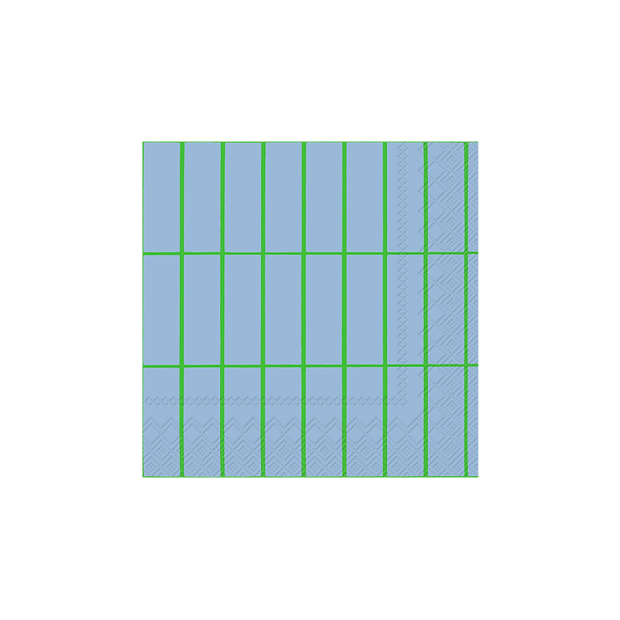 Geïnspireerd door Ihr Papieren Servetten Marimekko Lichtblauw Groen, heeft een blauw vierkant een 6x6 raster met groene lijnen. De meest rechtse kolom en onderste rij zijn diagonaal gearceerd, wat ontwerpelementen van Ihr's iconische servetten weerspiegelt.