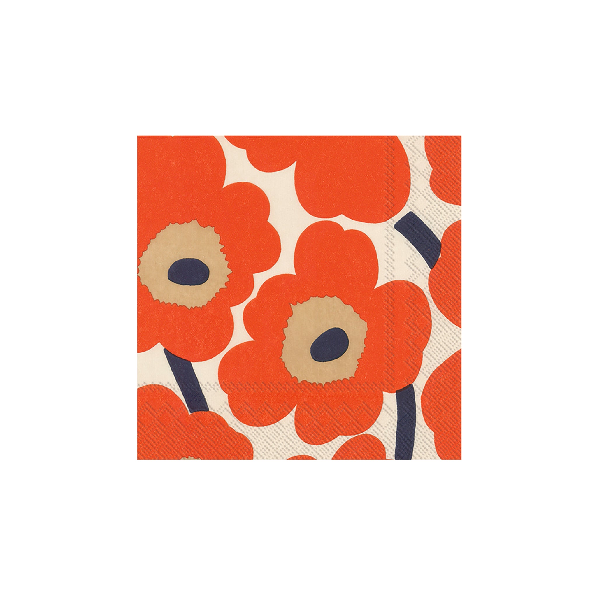 De Ihr Papieren Servetten Marimekko Unikko Creme Rood 33/33 heeft opvallende rode klaprozen met een zwart hart en beige details op een witte achtergrond, geïnspireerd op Marimekko's iconische ontwerp.