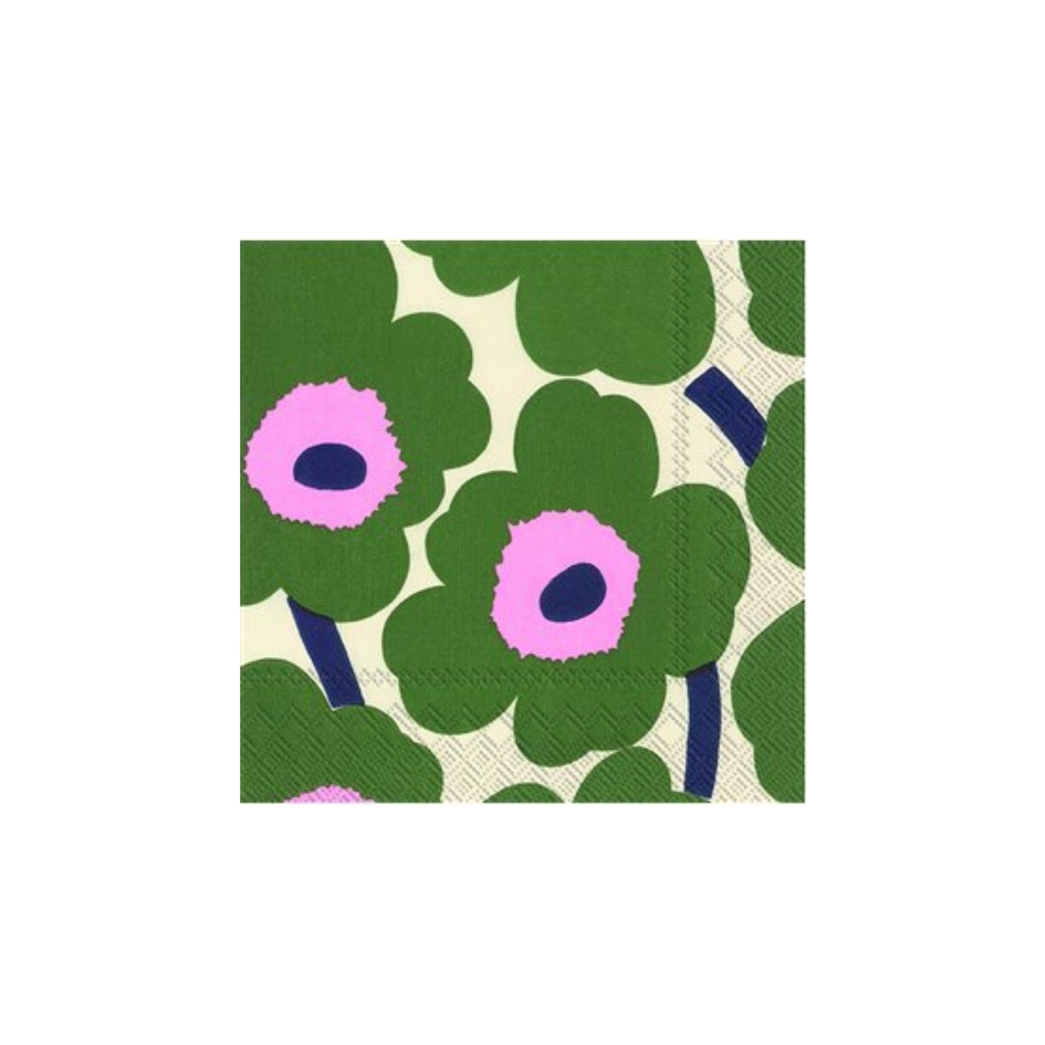 Gedurfde, grafische groene bloemen met roze hart en donkerblauwe stelen op een crèmekleurige achtergrond creëren een op Marimekko geïnspireerde pop-art look - perfect voor stijlvol 3-laags papier Ihr Papieren Servetten Marimekko Unikko Donkergroen by Ihr.