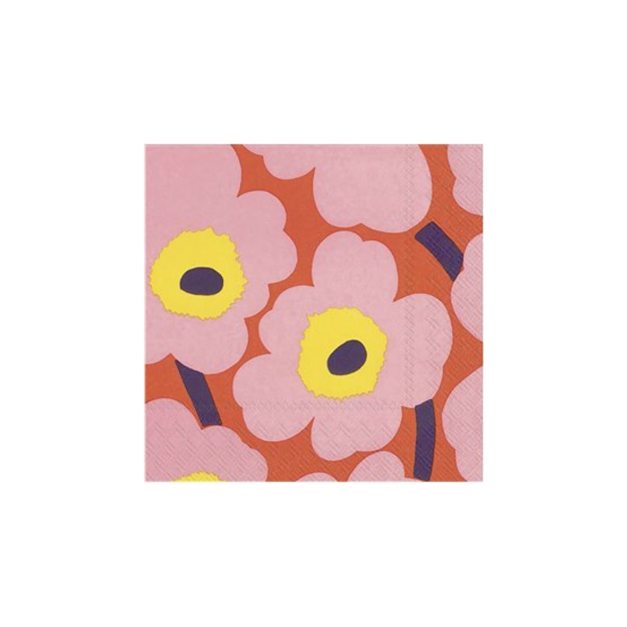 Ihr Papieren Servetten Marimekko Unikko Roze Oranje 33/33 van Ihr, met gestileerde roze bloemen met gele en zwarte harten op oranje, voegt een gedurfde bloemenstijl toe aan je tafel met 3-laags papieren servetten.