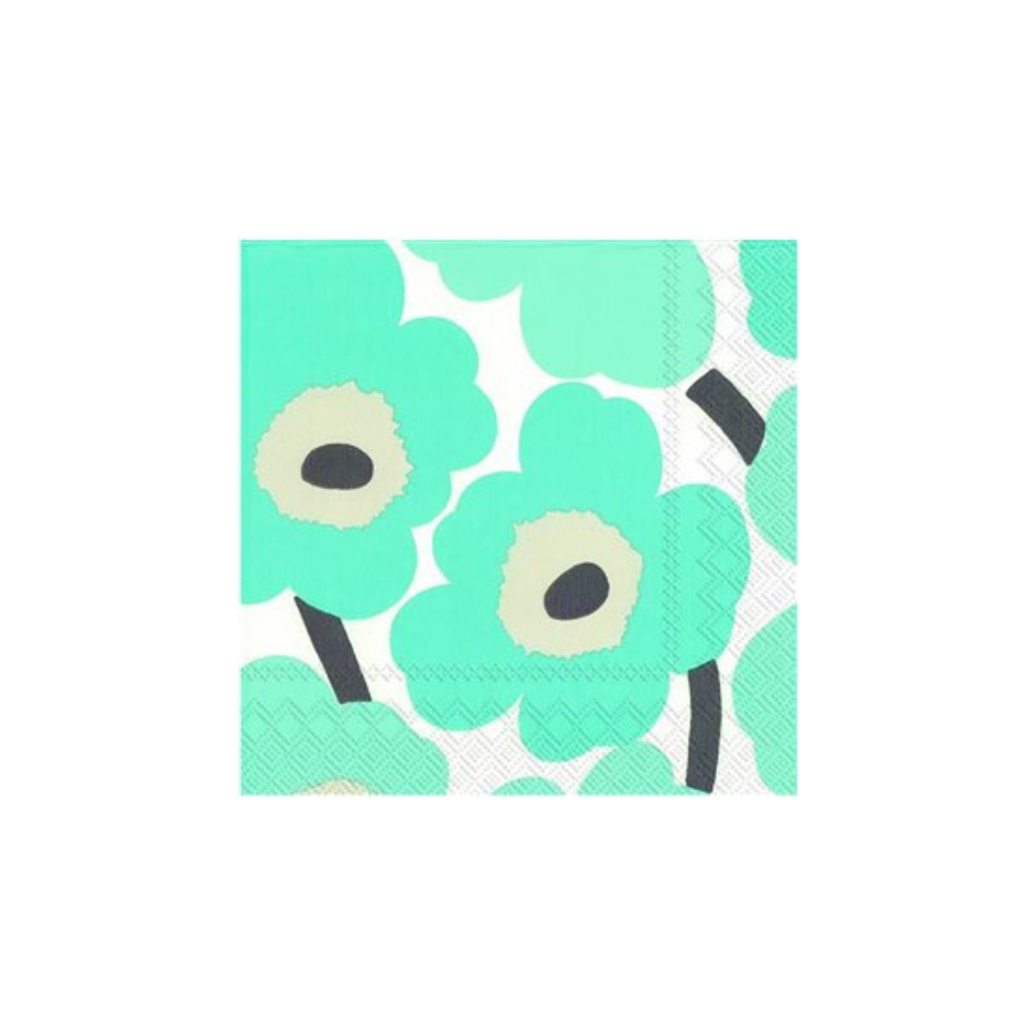 Ihr Papieren Servetten Marimekko Unikko Turquoise 33/33 van Ihr heeft een gedurfd modern bloemendesign met grote turquoise bloemen, zwarte stelen en lichtbeige hartjes op wit 3-laags papier. Vierkant en stijlvol voor elke omgeving.
