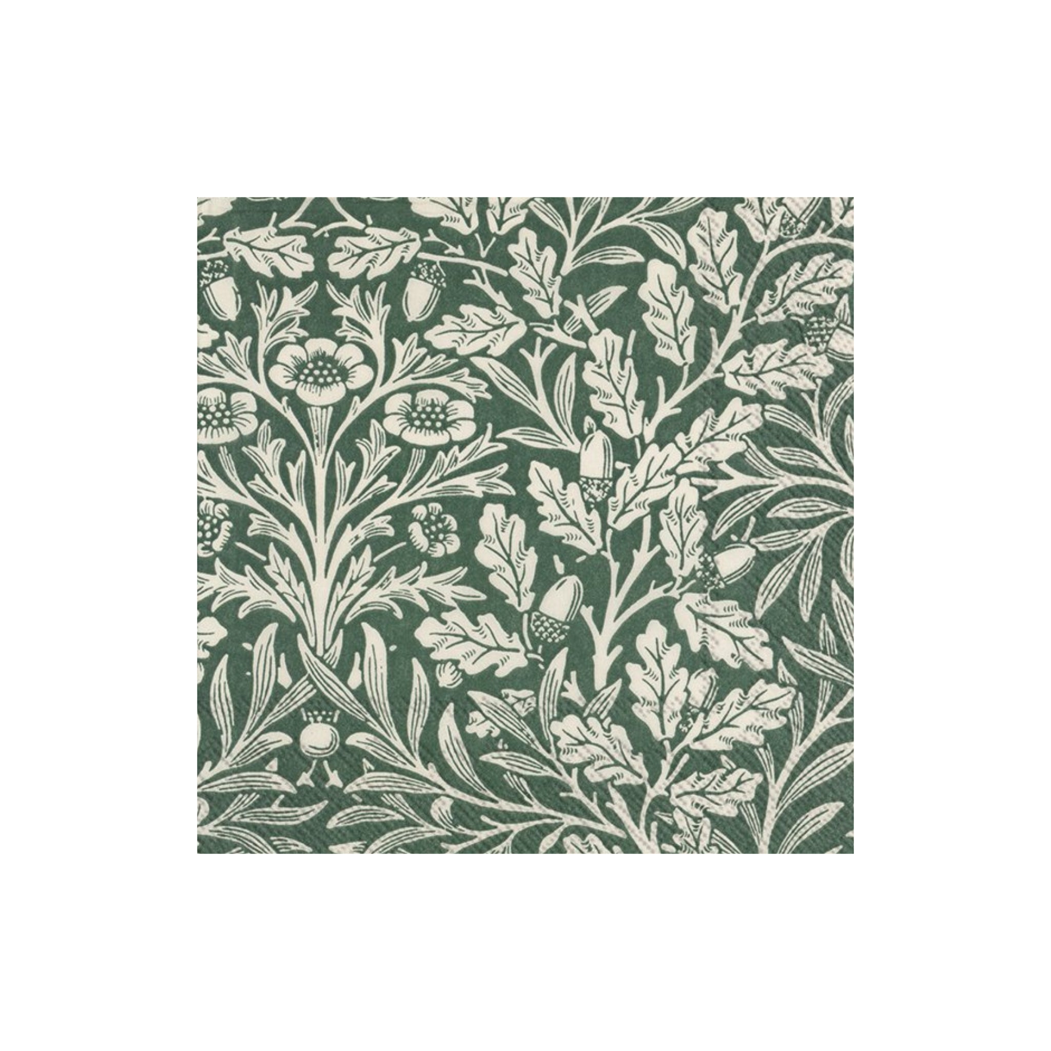 Ihr Papieren Servetten V&A Acorn Groen Linnen 33/33 van Ihr hebben een vintage botanisch patroon met gestileerde bladeren, bloemen en eikels-een tijdloos ontwerp geïnspireerd door William Morris, perfect voor een milieuvriendelijk interieur.