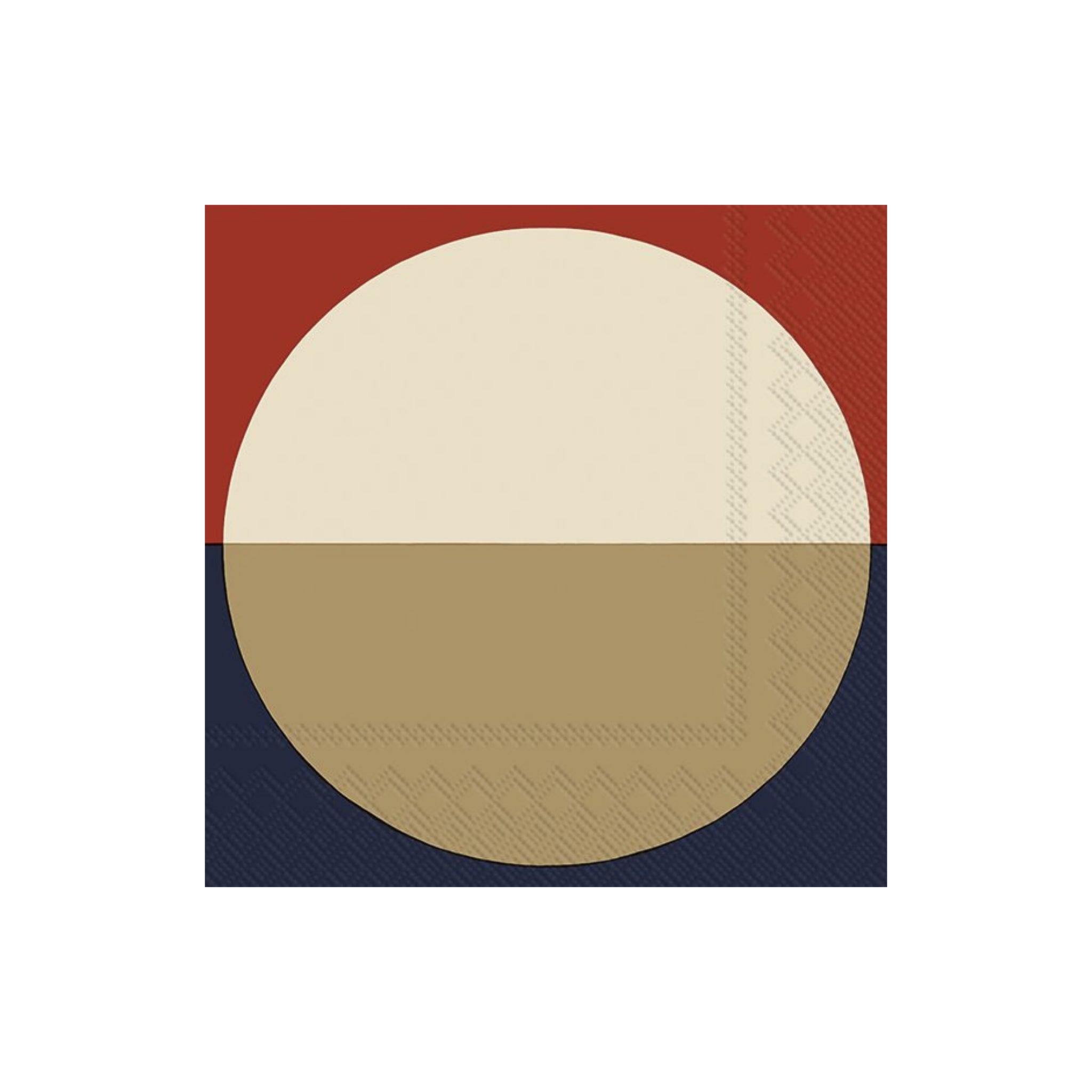 De Ihr Papieren Servetten Marimekko Viitta 33/33 van Ihr heeft een geometrisch Marimekko-geïnspireerd ontwerp: een grote cirkel die horizontaal is verdeeld, met beige en rood bovenop en lichtbruin met marineblauw eronder - ideaal voor stijlvolle tafelschikkingen.