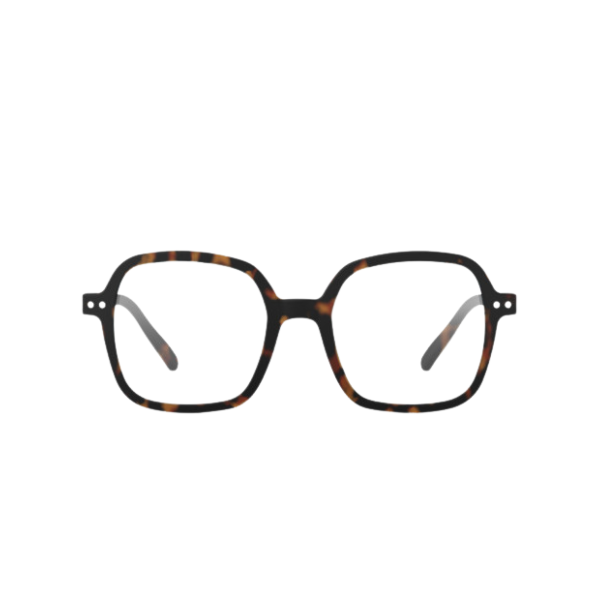 Izipizi Leesbril Office Tortoise — vierkante bril in schildpadmotief met een dik, licht afgerond montuur en een blauwlichtfilter voor extra draagcomfort. Perfect voor een kantoorlook, afgebeeld op een witte achtergrond. Merk: Izipizi.