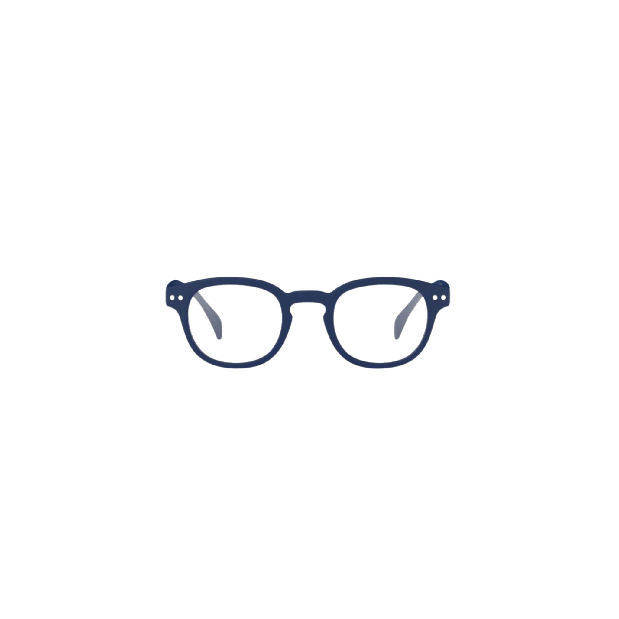 Minimalistische illustratie van Izipizi Leesbril #C Navy-ronde glazen en zichtbare neuspads-gecentreerd op een effen witte achtergrond, waardoor het een ideale Izipizi leesbril keuze is voor presbyopie.