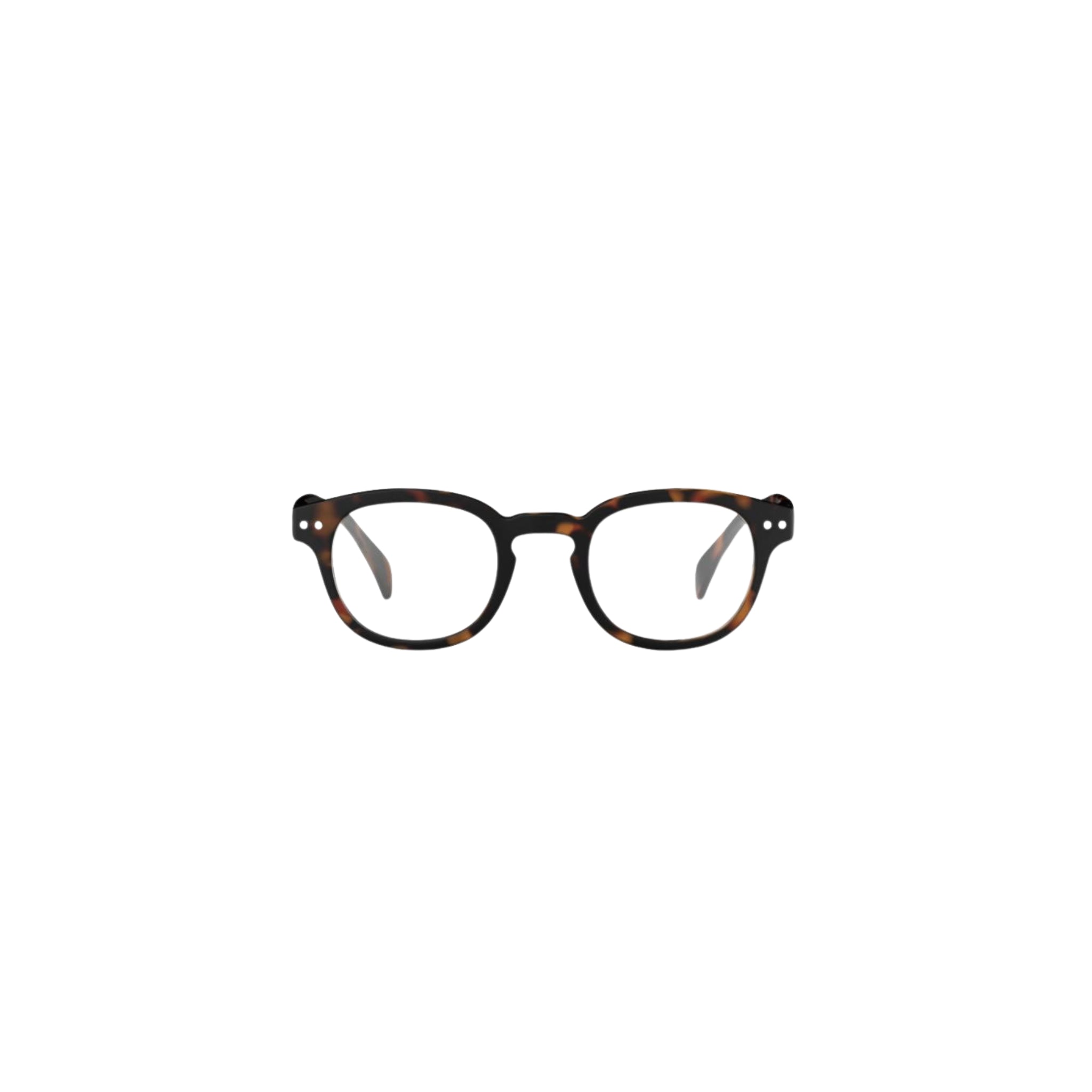 De Izipizi Leesbril #C Tortoise van Izipizi heeft een rond schildpadmontuur met heldere glazen op een effen witte achtergrond.
