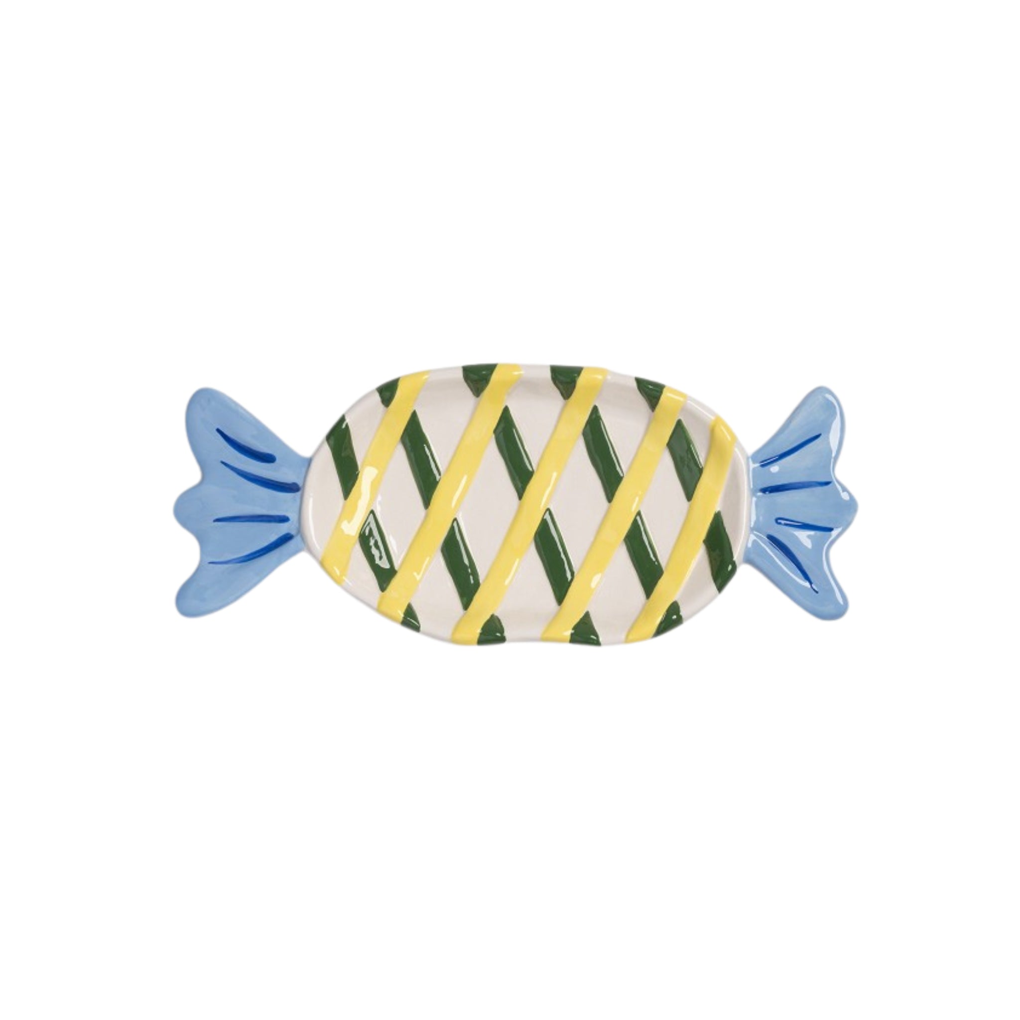 De &Klevering Goody Bord 27/11 van &Klevering is een bord van keramiek in de vorm van een verpakt snoepje, met gele en groene diagonale strepen op een witte basis met blauwe gedraaide uiteinden.
