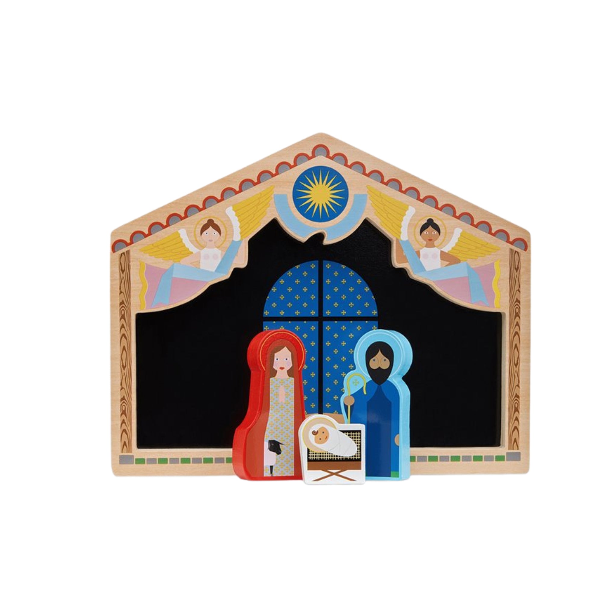 De &Klevering Kerststal Puzzel van &Klevering is een houten kerststal met Maria, Jozef en kindje Jezus in een kribbe onder een stabiele achtergrond, met engelen en een ster erboven voor feestelijke decoratie.