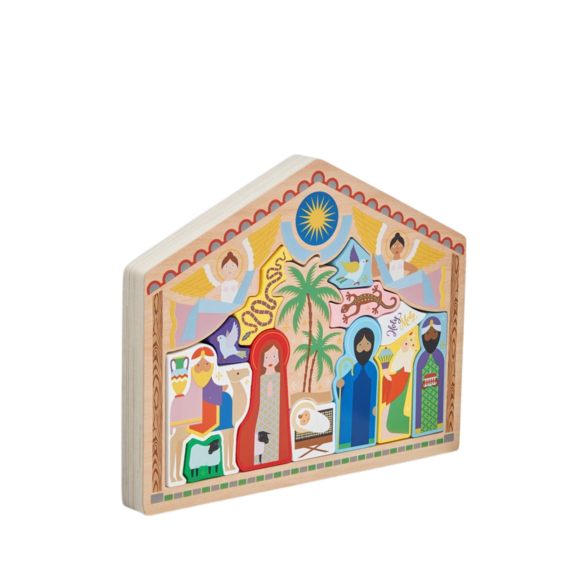 De &Klevering Kerststal Puzzel van &Klevering is een kleurrijke houten kerststal met Maria, Jozef, kindje Jezus, wijzen en engelen onder een ster, allemaal gerangschikt in een huisvormig frame.