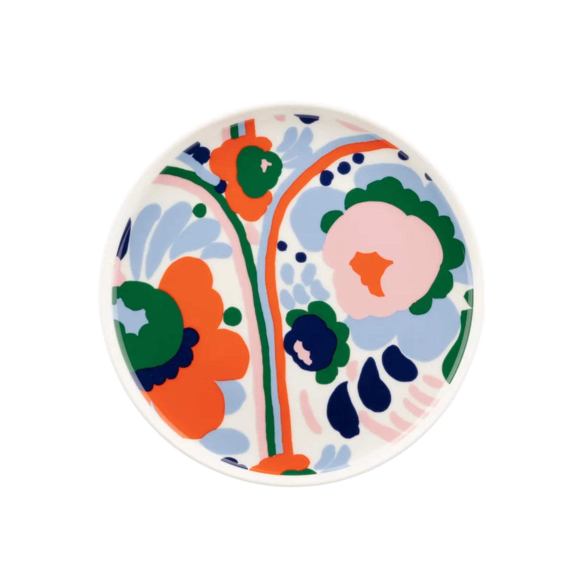 De Marimekko Oiva Karuselli Laag Bord D20 is een rond steengoed bord met gedurfde oranje, groene, roze, blauwe en marineblauwe abstracte bloemen op wit, geïnspireerd op de levendige signatuurontwerpen van Marimekko.