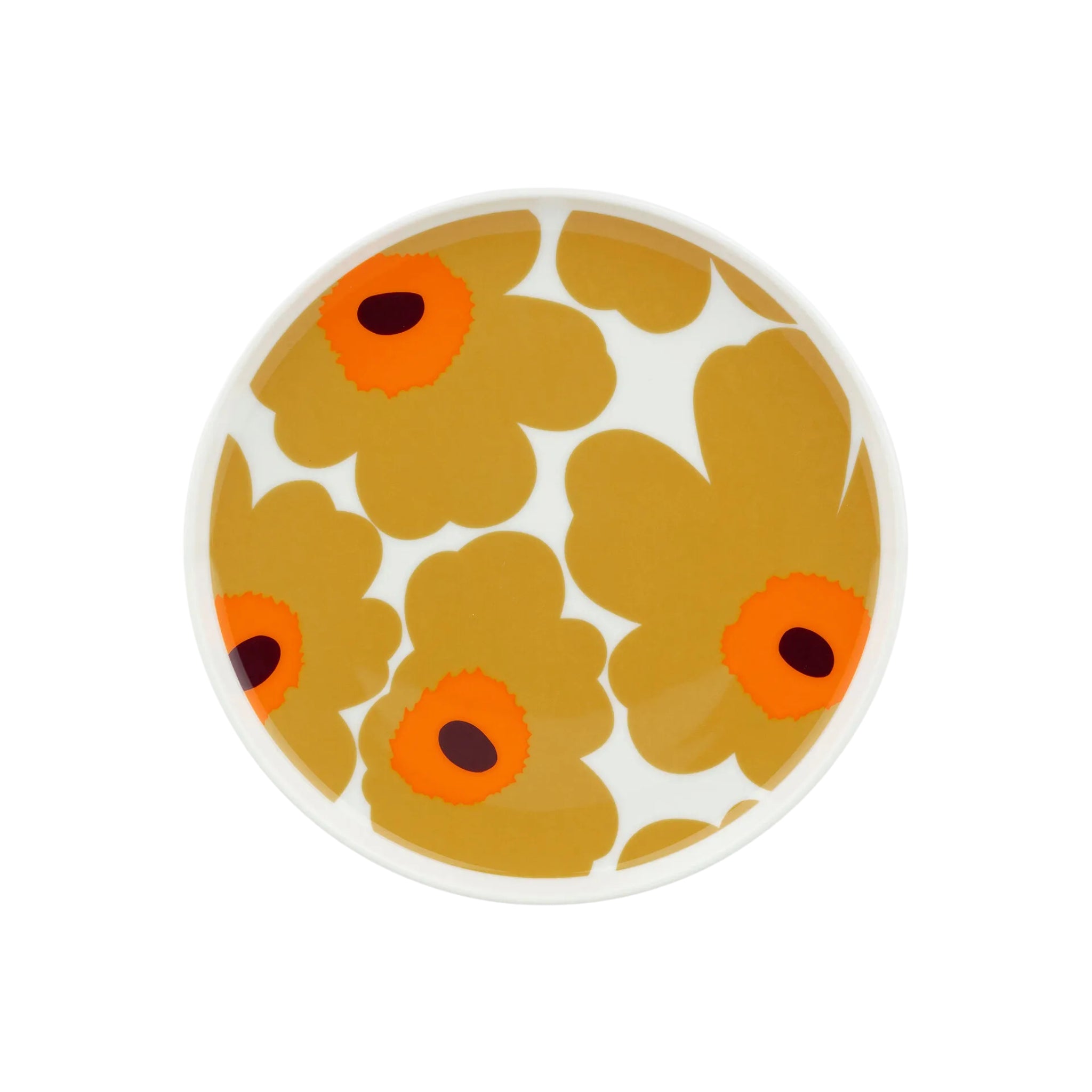 De Marimekko Oiva Unikko Laag Bord Geel D20 is een rond bord van Marimekko met opvallende geeloranje Unikko bloemen met een rood hart en bruine stippen op een witte achtergrond.