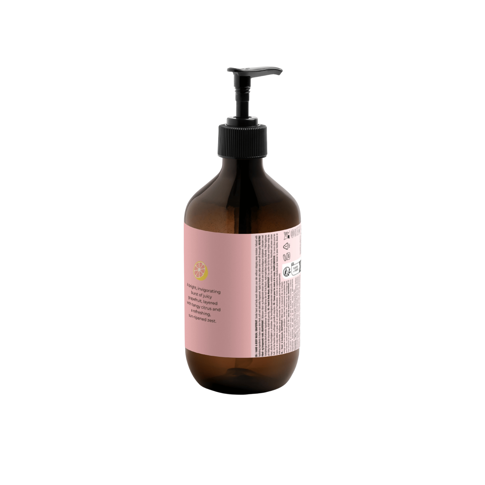 Een grotendeels volle bruine pompflacon van Matriks Fragrances Hand & Body Wash Citrus & Grapefruit (490 ml) met een roze etiket staat tegen een effen witte achtergrond. Op het etiket staan tekst en symbolen, die de veganistische formule benadrukken.
