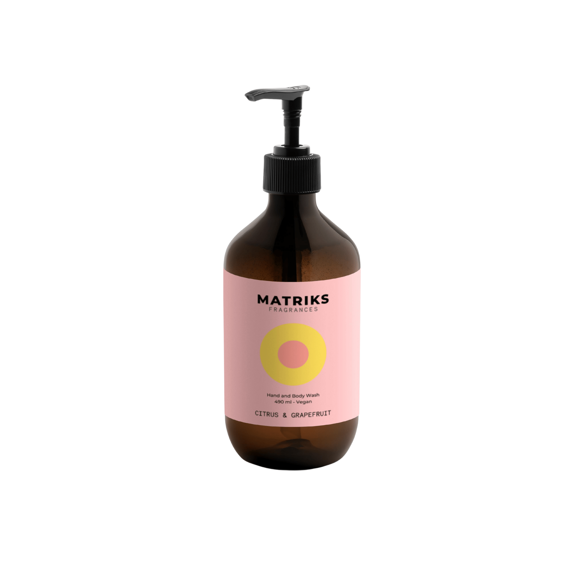 De bruine pompflacon van Matriks Fragrances Hand & Body Wash Citrus & Grapefruit 490 ml heeft een roze etiket met een geelroze cirkelvormig design - ideaal als verfrissende vegan body wash of handzeep.