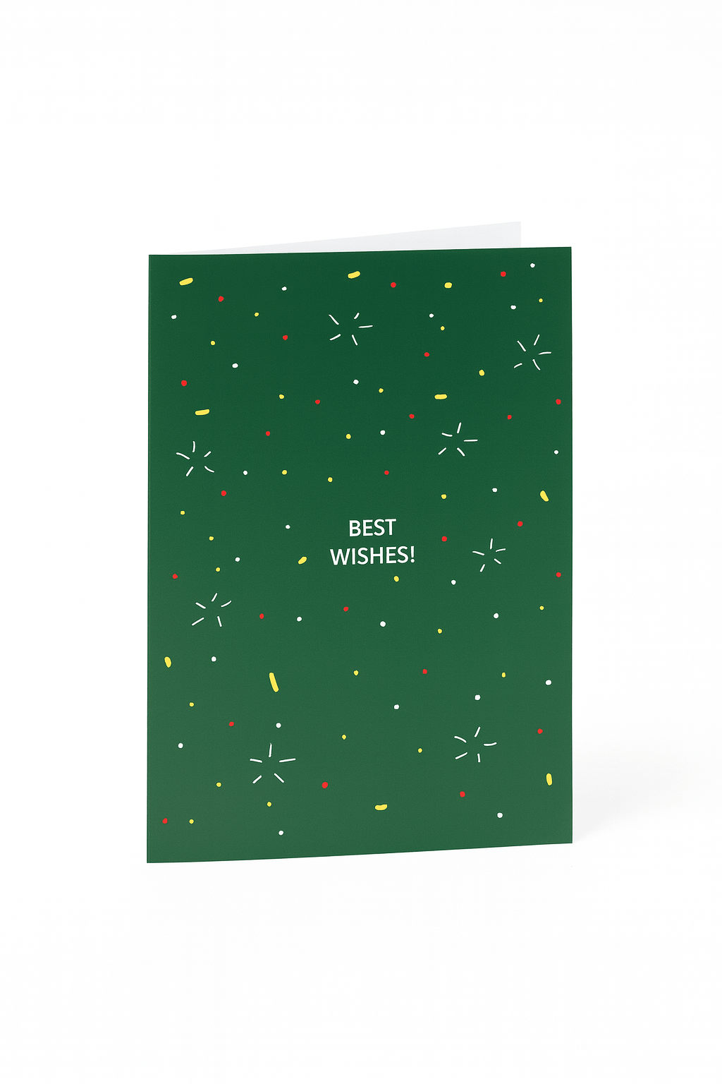 De Matriks Kerst- en Nieuwjaarskaart Best Wishes! heeft een groen ontwerp van Julie Lindekens, met rode, gele en witte confetti-achtige vormen en vetgedrukte witte "BEST WISHES!" tekst in het midden. Merk: Matriks.