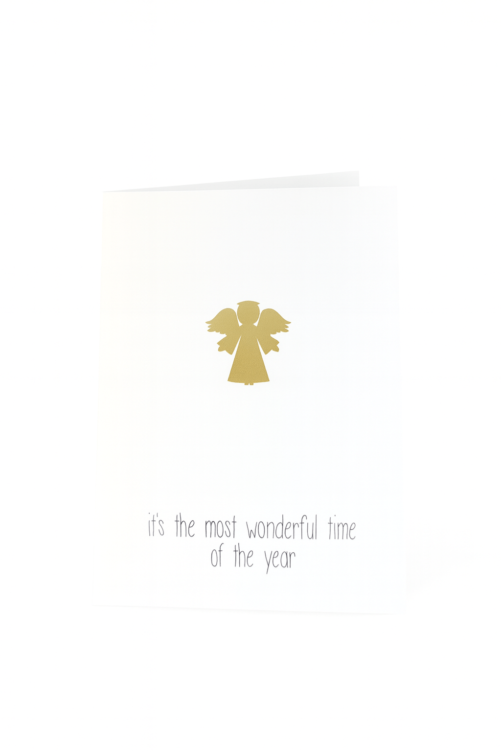 De Matriks Kerstkaart It's the Most Wonderful Time of the Year heeft een eenvoudige gouden engel op een witte achtergrond met feestelijke tekst, perfect voor het versturen van een welgemeende kerstgroet.