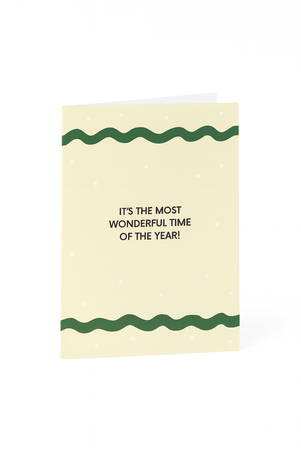 Stuur feestelijke groeten met de Matriks Kerstkaart "It's the Most Wonderful Time of the Year!"- een unieke crèmekleurige kaart met groene golvende lijnen, witte stippen en een vrolijke vakantieboodschap van Matriks.