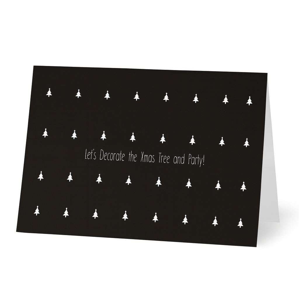De Matriks Kerstkaart "Let's Decorate the Xmas Tree and Party!" van het merk Matriks heeft een zwart ontwerp met kleine witte kerstboomicoontjes en feestelijke tekst van Ann Berger.