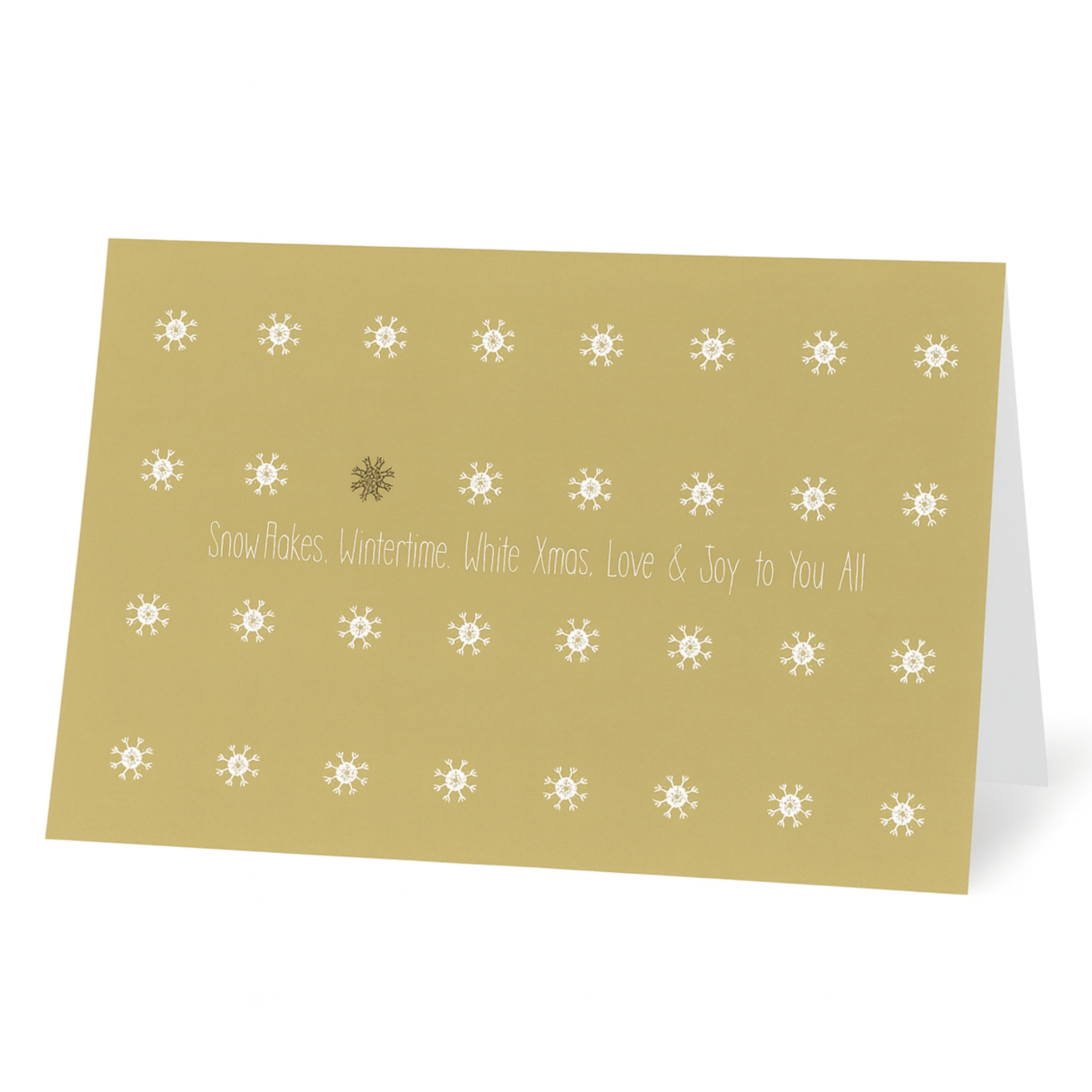 De Matriks Kerstkaart Snowflakes, Wintertime, White Xmas... van Matriks heeft gouden tinten, witte sneeuwvlokpictogrammen in rijen en de boodschap "Snowflakes. Wintertijd. White Xmas, Love & Joy To You All" in een eenvoudig lettertype - een stijlvolle wintergroet.