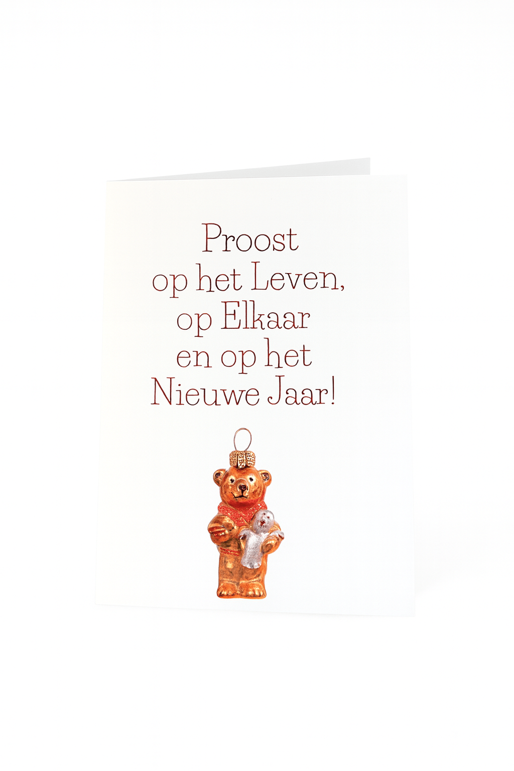De Matriks Nieuwjaarskaart Proost op het Leven! heeft een unieke beer met een vis en nieuwjaarshoed, plus Nederlandse tekst: "Proost op het Leven, op Elkaar en op het Nieuwe Jaar!" - perfect om te vieren met Matriks.