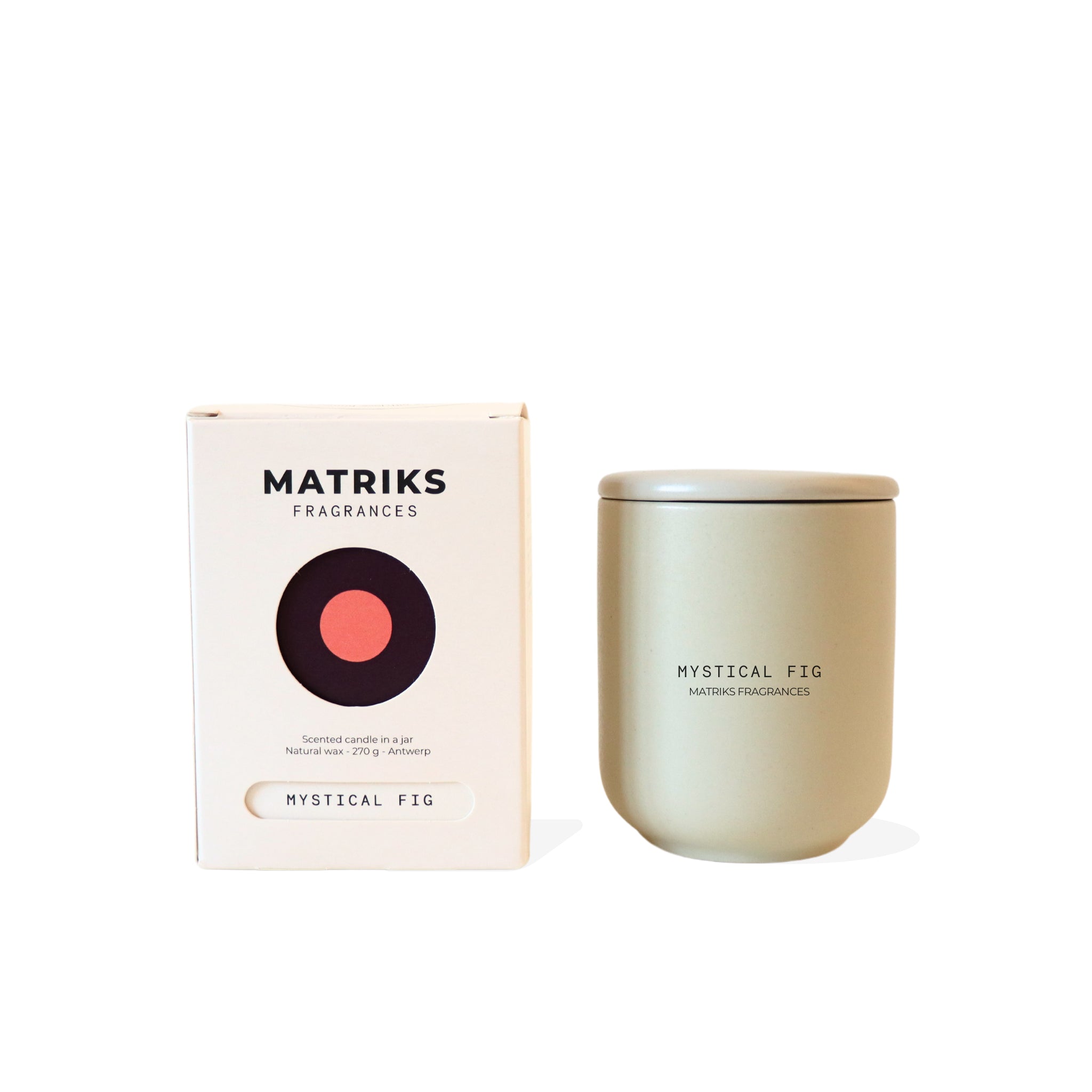 Een beige Matriks Fragrances Geurkaars Keramiek Mystical Fig 270 g zit naast een bijpassend doosje met een cirkelvormig design en de geurnaam Mystical Fig op de bodem, handgemaakt in Antwerpen.