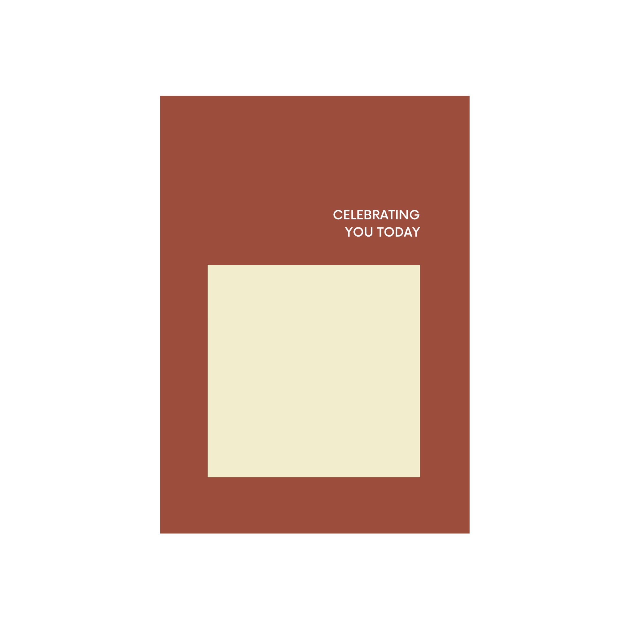 De Matriks JL Postkaart Celebrating You Today Dubbel van Matriks heeft een bruine achtergrond, een gecentreerde crèmekleurige rechthoek en "CELEBRATING YOU TODAY" in wit rechtsboven - een stijlvolle kaart uit de postkaartcollectie.