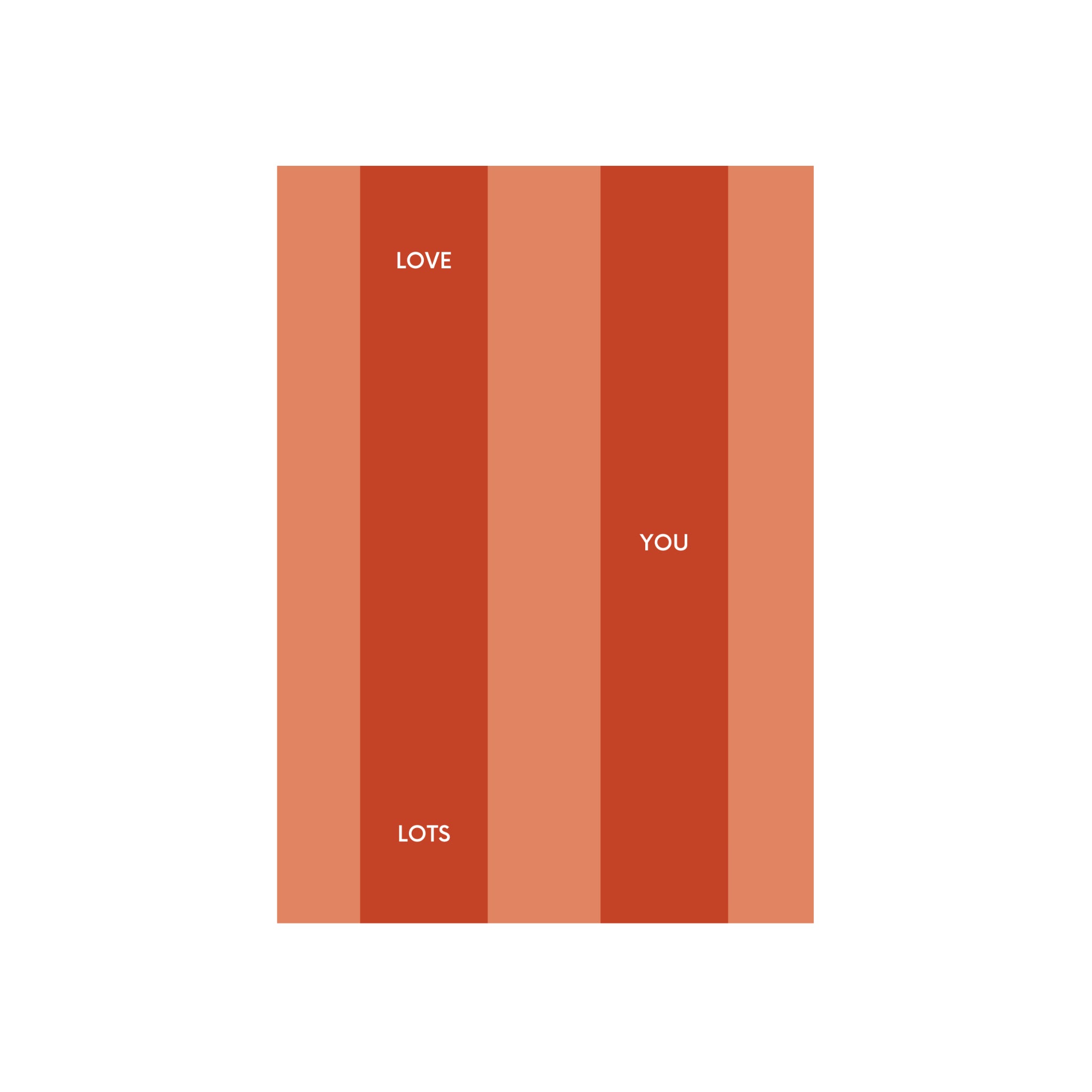 De Matriks JL Postkaart Love You Lots Dubbel van Matriks heeft afwisselende rood- en lichtoranje verticale strepen met de tekst LOVE LOTS links en YOU centraal in witte hoofdletters-een perfecte aanvulling op elke kleurrijke kaartenverzameling.