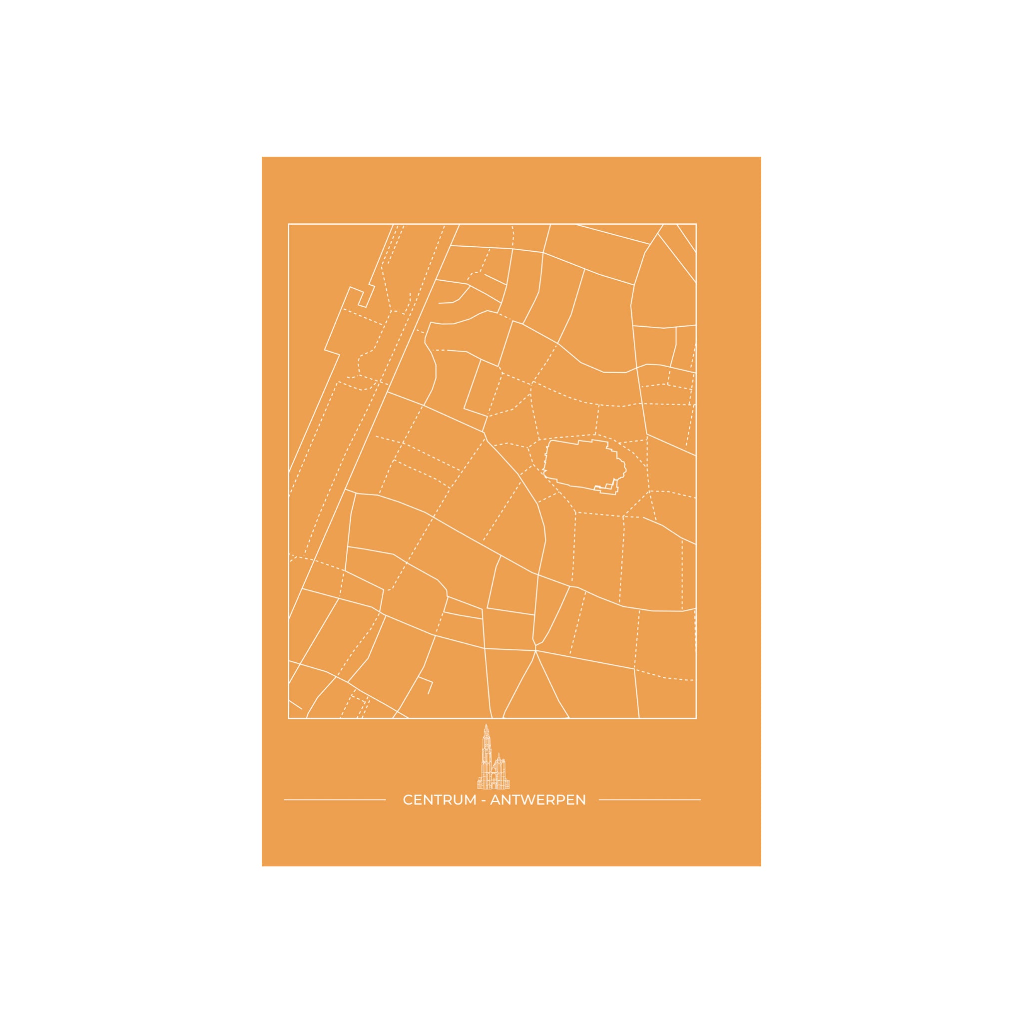 De Matriks Postkaart Antwerpen Centrum Dubbel A6 heeft een minimalistische witte omlijning van het centrum van Antwerpen op oranje, met Antwerpse gebouwen en een kerktoren, met onderaan "Centrum - Antwerpen". Merk: Matriks.