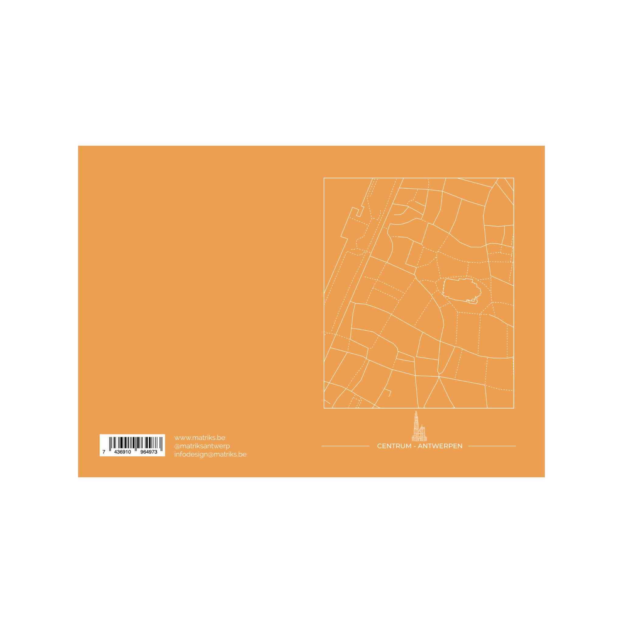 De Matriks Postkaart Antwerpen Centrum Dubbel A6 heeft een oranje omslag met een witte lijnenkaart van het centrum van Antwerpen, met daarop straten, het park en oriëntatiepunten. De onderkant bevat een streepjescode, contactgegevens en CENTRUM - ANTWERPEN naast een pictogram van een gebouw.