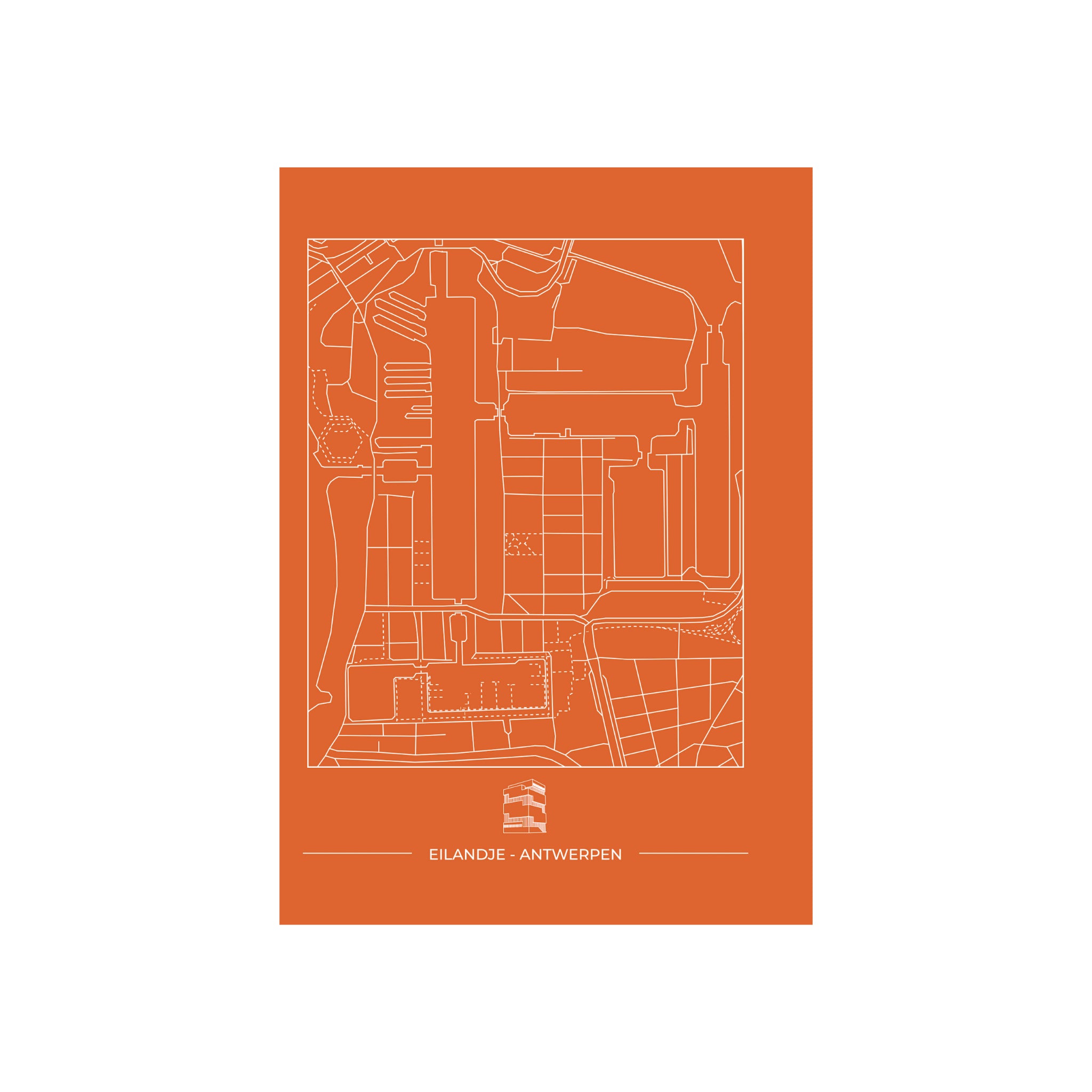 De Matriks Postkaart Antwerpen Eilandje Dubbel A6 heeft een minimalistische oranje kaart van Eilandje, Antwerpen, met wit omlijnde straten op A6. "EILANDJE - ANTWERPEN" en een geometrisch icoon verschijnen eronder. Ideaal voor wenskaarten. Merk: Matriks.