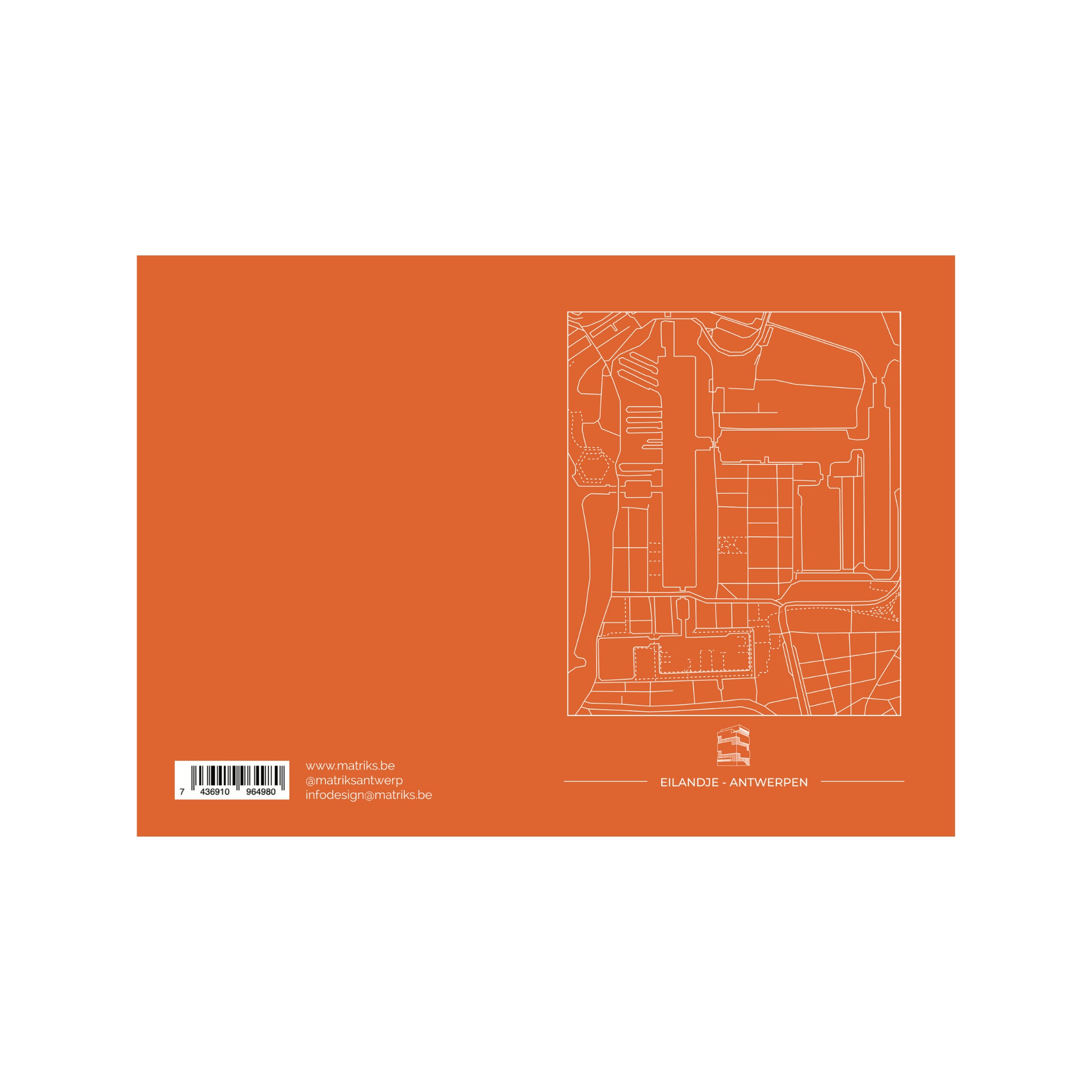 De Matriks Postkaart Antwerpen Eilandje Dubbel A6 is een oranje postkaart met een witte lijntekening van Antwerpse gebouwen, een barcode, website en social media gegevens, plus het label EILANDJE - ANTWERPEN rechtsonder.