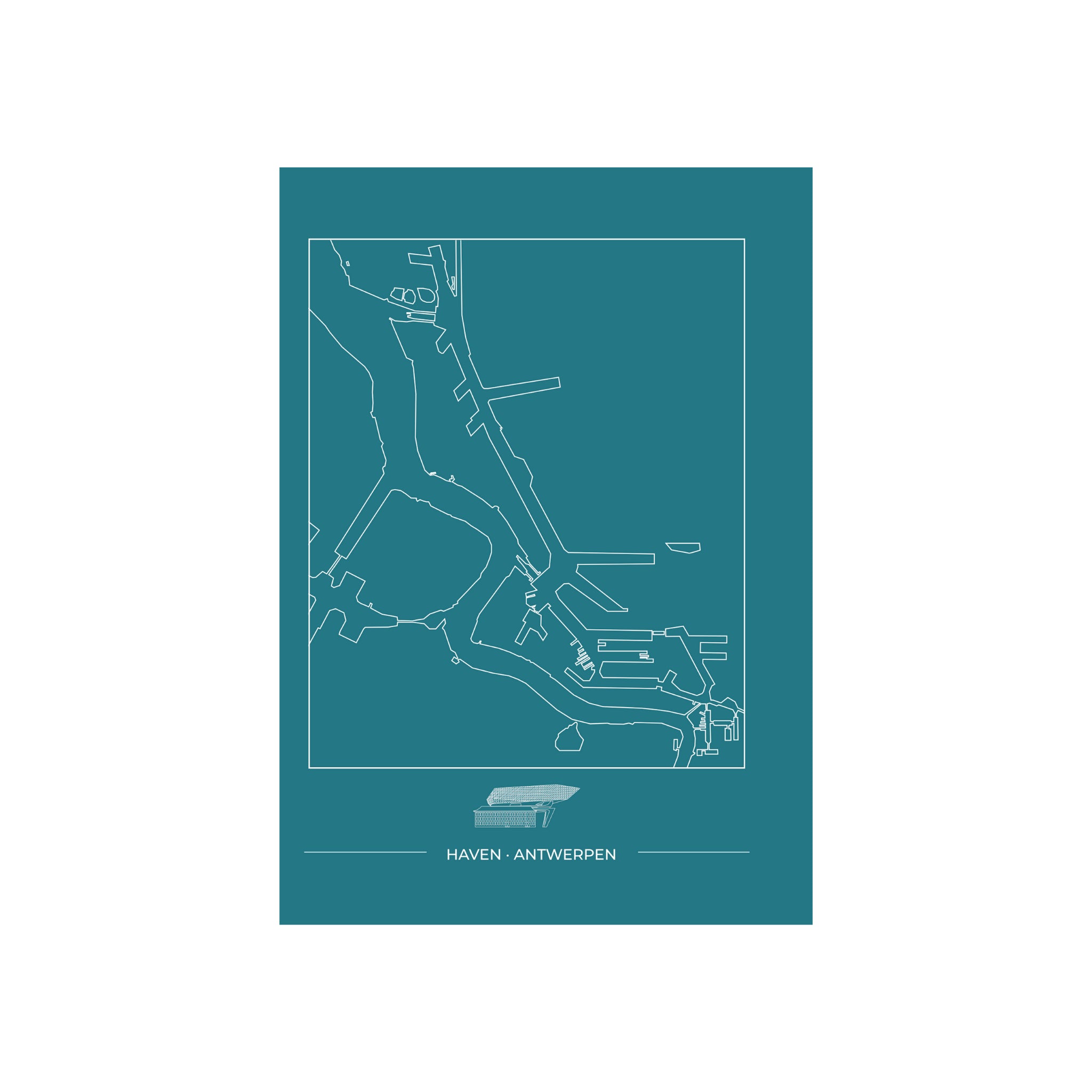 Matriks Postkaart Antwerpen Haven Dubbel A6: Minimalistische kaart met witte lijnen van de Antwerpse haven op een groenblauwe achtergrond, 'Antwerpse gebouwen' en 'HAVEN - ANTWERPEN' eronder. Perfect als A6 wenskaart. Van Matriks.