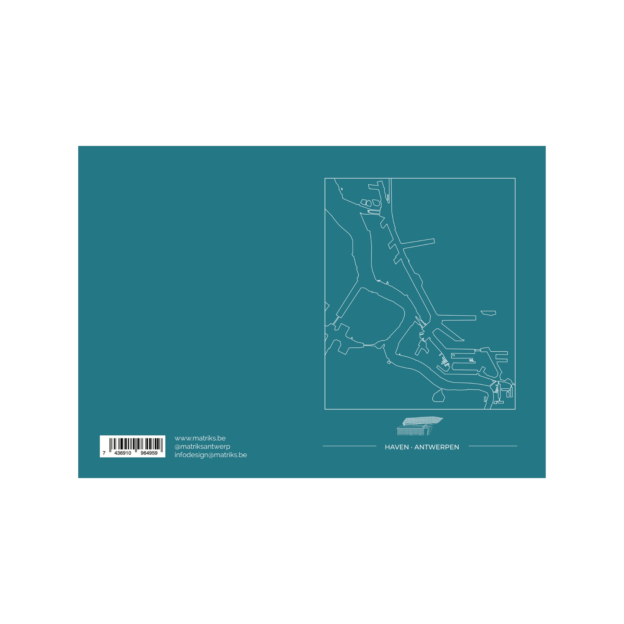 De Matriks Postkaart Antwerpen Haven Dubbel A6 heeft een groenblauwe omslag met rechts een minimalistische witte kaart van de haven van Antwerpen. Op de linkerkant staat tekst, contactgegevens en een streepjescode - ideaal voor Matriks fans of verzamelaars van ansichtkaarten met een Antwerps thema.