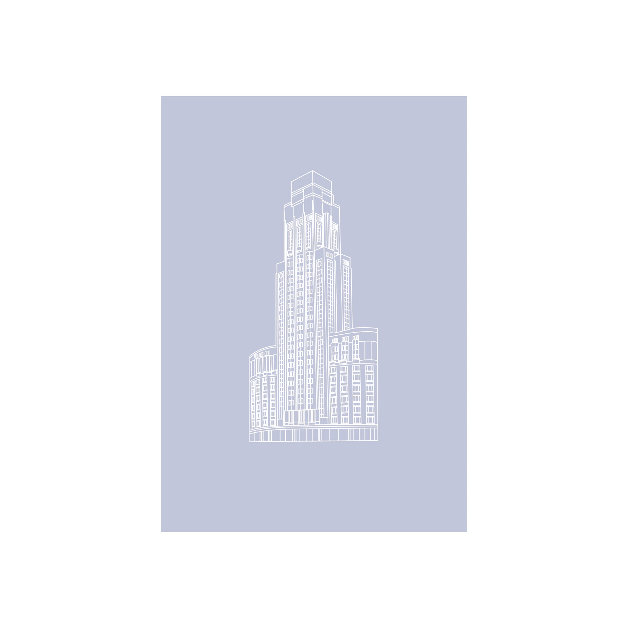 Matriks Postkaart Antwerpen Monumenten Boerentoren Dubbel A6 heeft een minimalistische witte lijntekening van de Antwerpse Boerentoren op licht lavendel, ideaal voor stijlvolle A6 wenskaarten. Merk: Matriks.