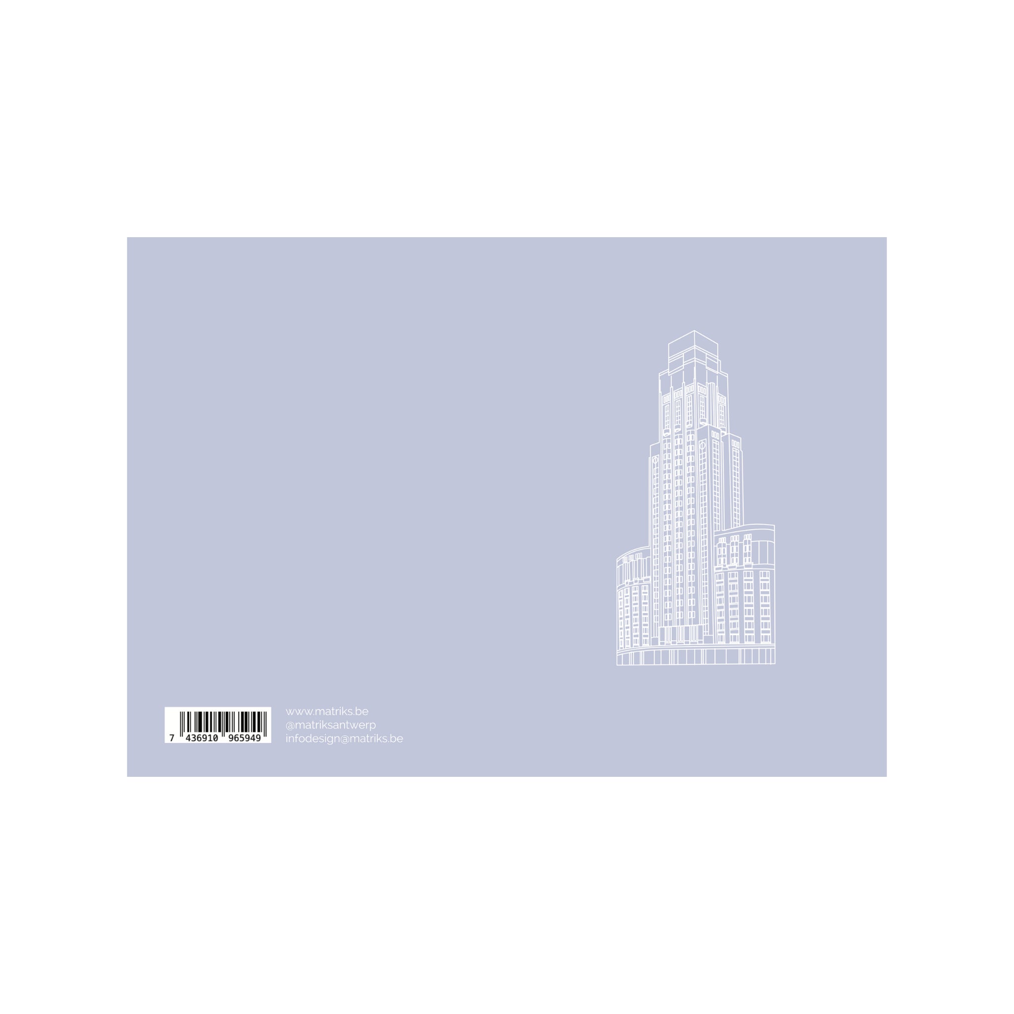 De Matriks Postkaart Antwerpen Monumenten Boerentoren Dubbel A6 heeft een minimalistische witte lijntekening van een art deco Boerentoren op lichtblauw, met streepjescode en kleine tekst in de hoek - perfect als wenskaart.