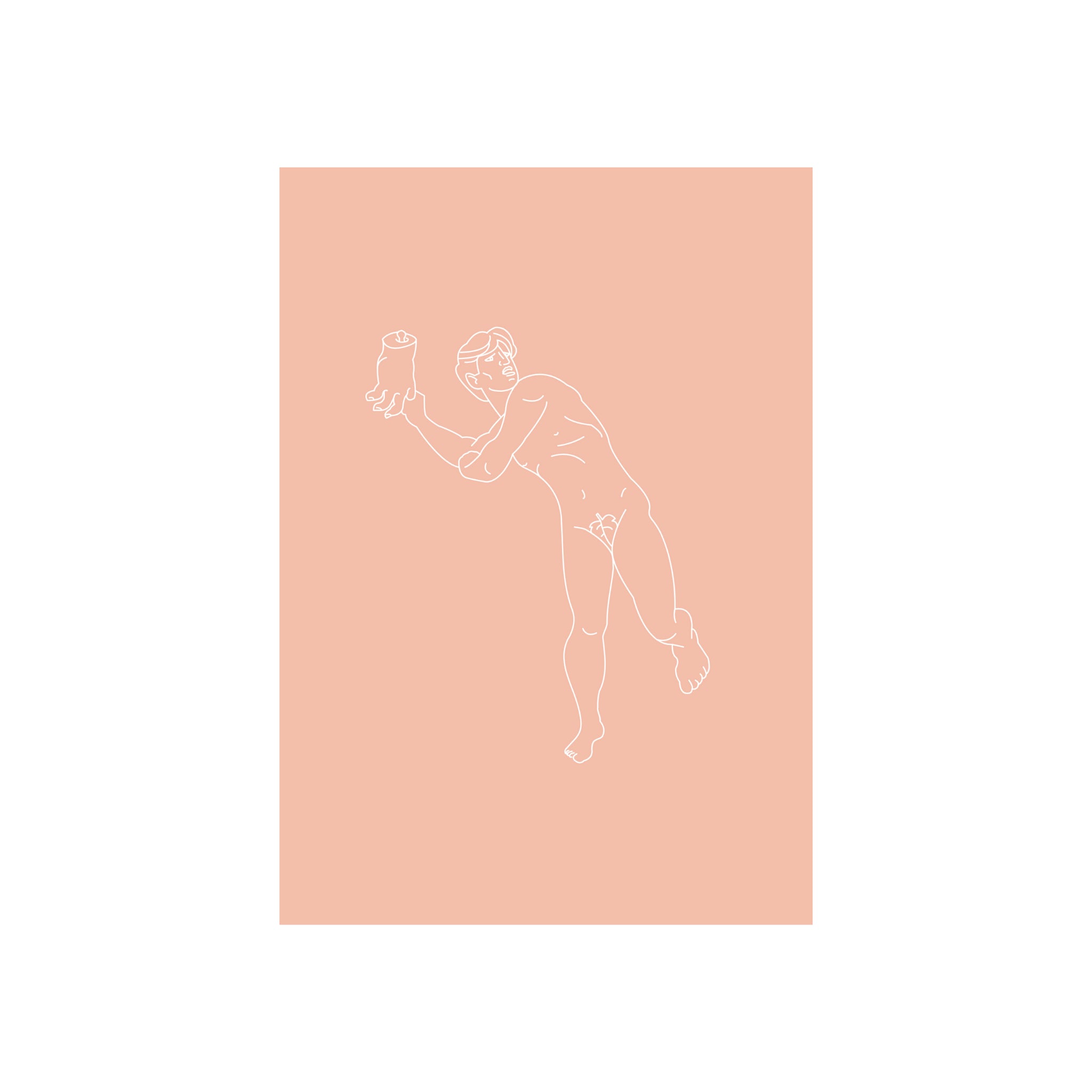 Minimalistische lijntekening van het Brabo monument in Antwerpen, op een effen perzikkleurige achtergrond met een witte rand. Matriks Postkaart Antwerpen Monumenten Brabo Dubbel A6-ideale wenskaart voor kunstliefhebbers.