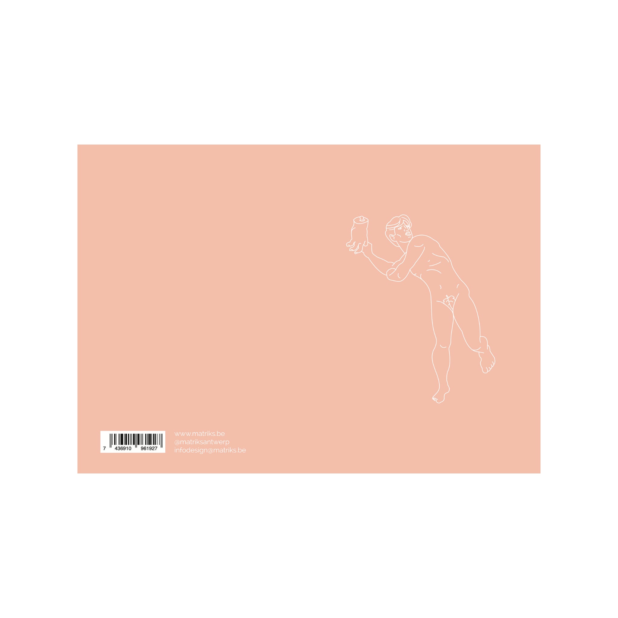 Matriks Postkaart Antwerpen Monumenten Brabo Dubbel A6 van Matriks heeft een eenvoudige, moderne lijntekening met een arm omhoog op een perzikkleurige achtergrond. Deze A6 ansichtkaart heeft een barcode en een kleine tekst in de linkerbenedenhoek.