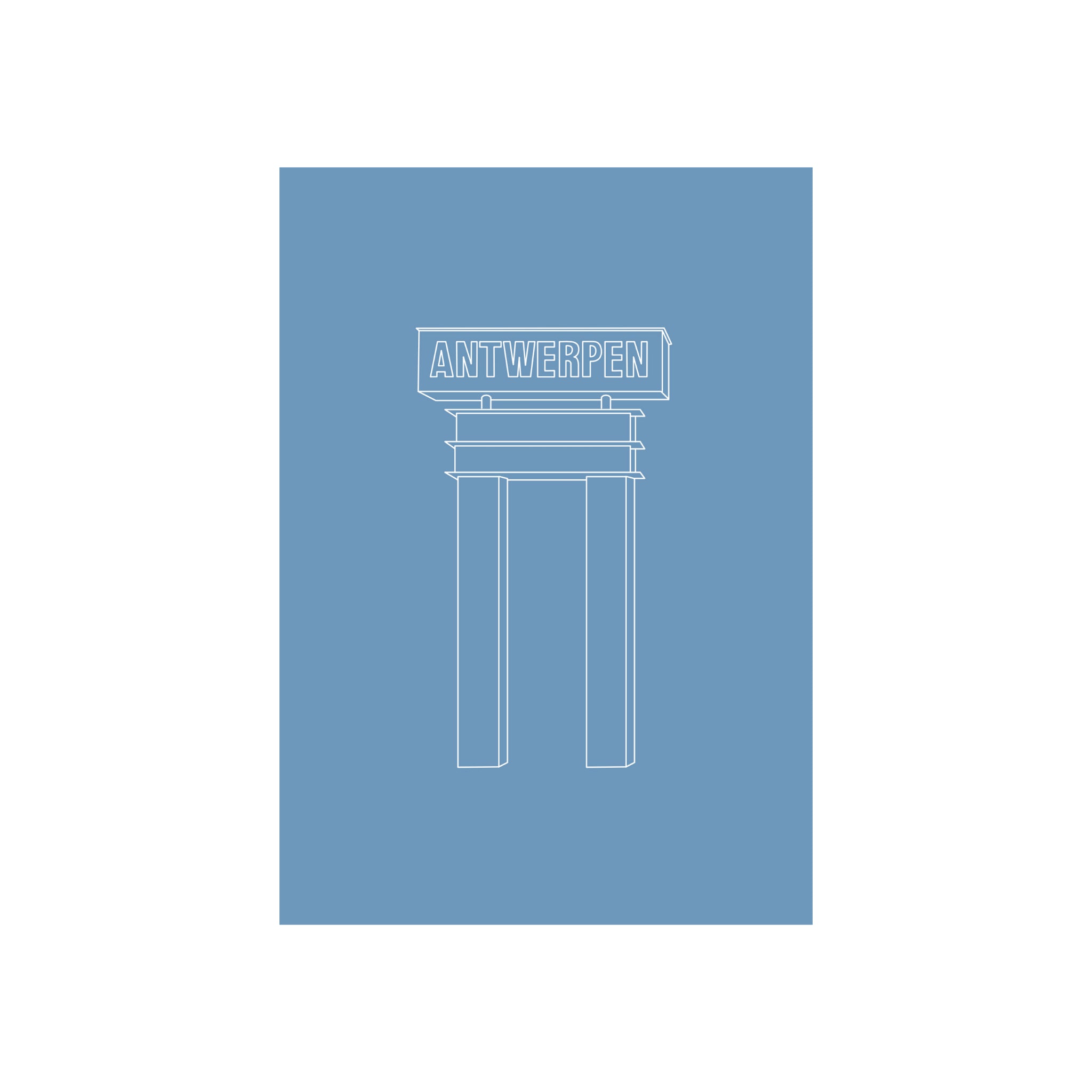 Minimalistische lijntekening van het Antwerpse Cruise Terminal Monument met twee pilaren en een ANTWERPEN teken op blauw, te zien op de Matriks Postkaart Antwerpen Monumenten Dubbel A6-ideaal voor het merk Matriks wenskaarten.