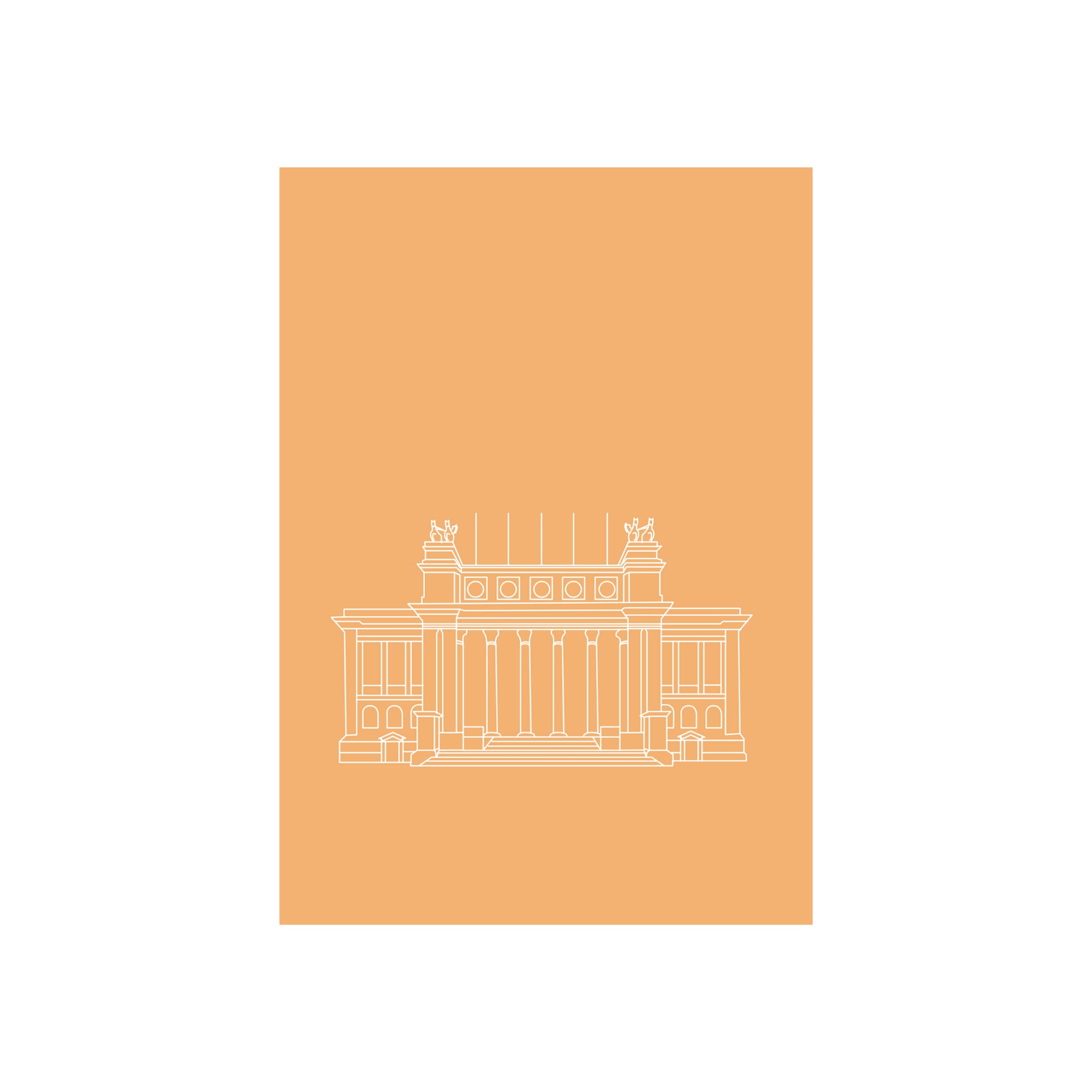 Matriks Postkaart Antwerpen Monumenten KMSKA Dubbel A6: een stijlvolle, minimalistische lijntekening van Antwerpse gebouwen met zuilen en beelden op een oranje achtergrond-ideaal als wenskaart.