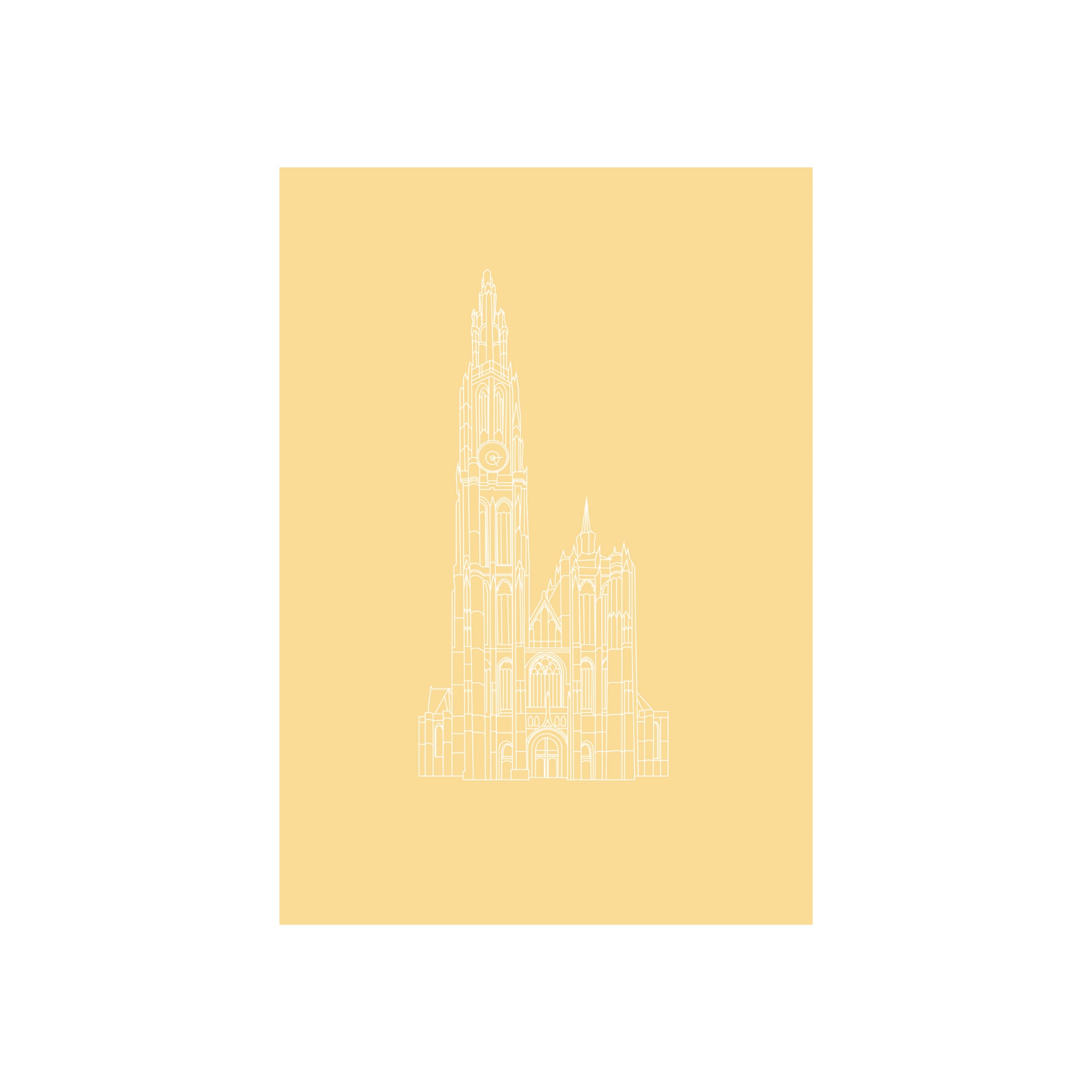 De Matriks Postkaart Antwerpen Monumenten Kathedraal Dubbel A6 heeft een minimalistische lijntekening van een Antwerpse kathedraal in gotische stijl op lichtgeel, met witte contouren en hoge torenspitsen - ideaal voor wenskaarten. Merk: Matriks.