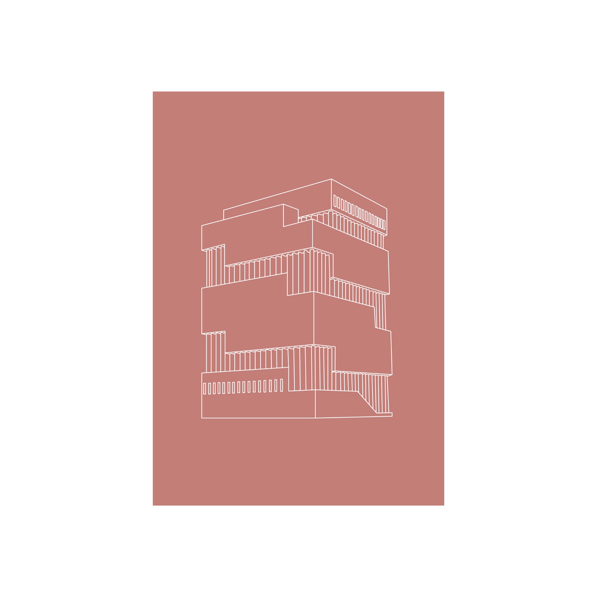 Minimalistische lijntekening van het MAS monument in Antwerpen, met onregelmatige gestapelde rechthoeken op een zachtroze achtergrond - perfect voor persoonlijke boodschappen op de Matriks Postkaart Antwerpen Monumenten MAS Dubbel A6 van Matriks.